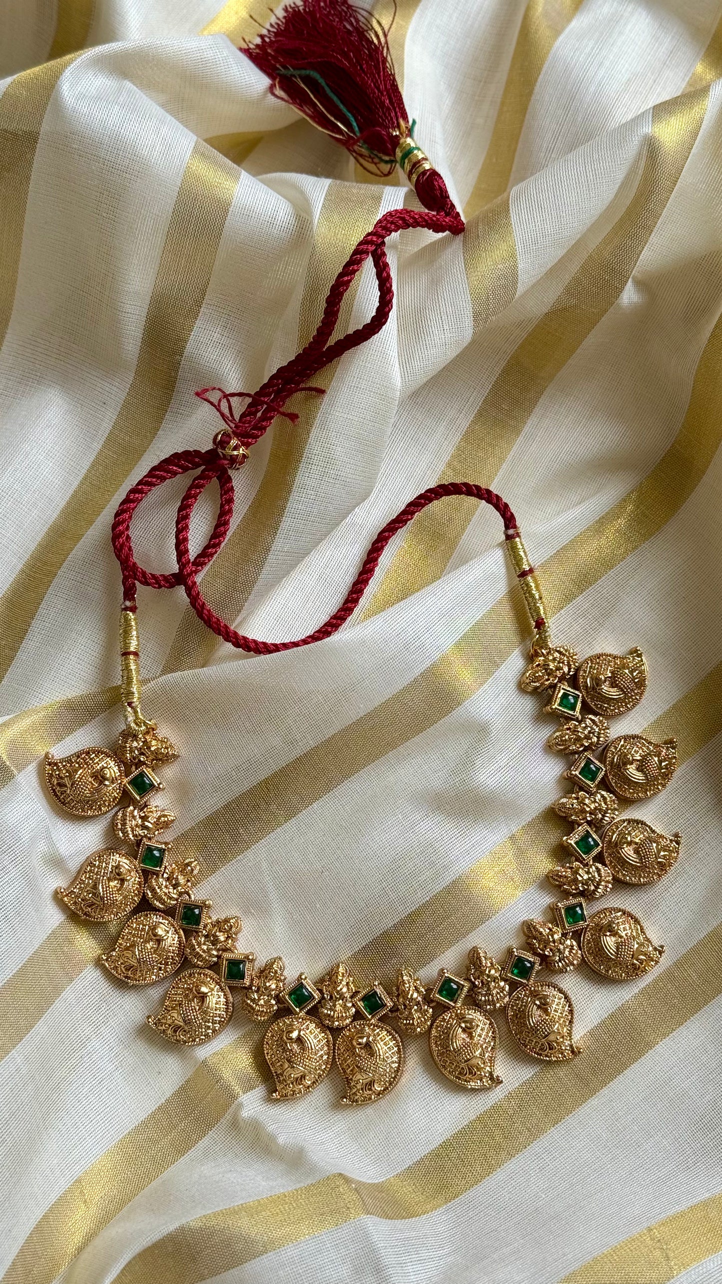 Mango shaped pendants with green stones, necklace - YCAGC19