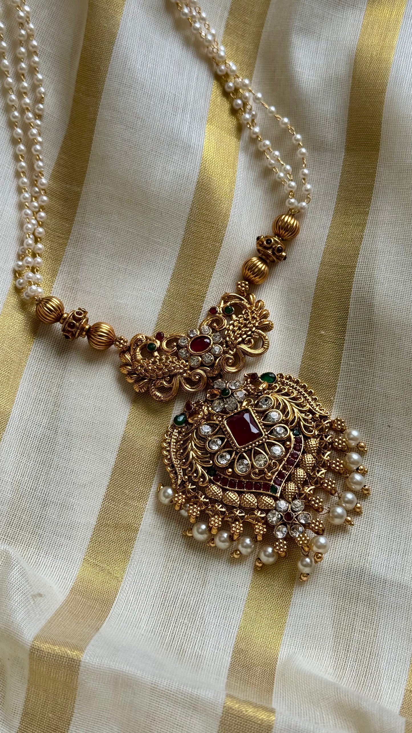Red green stone big pendant, pearl beaded long neckpiece - YCAGC21