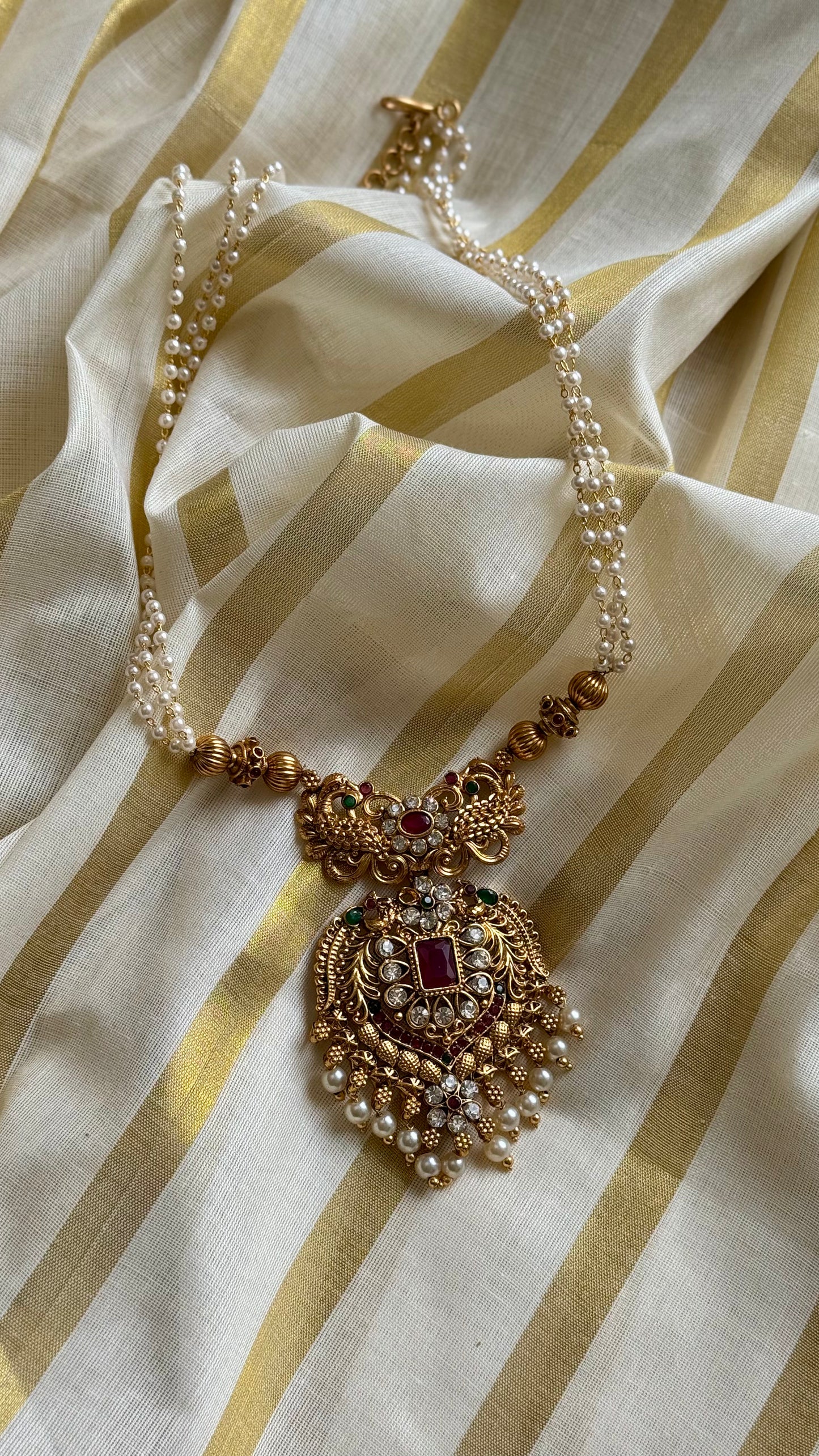 Red green stone big pendant, pearl beaded long neckpiece - YCAGC21