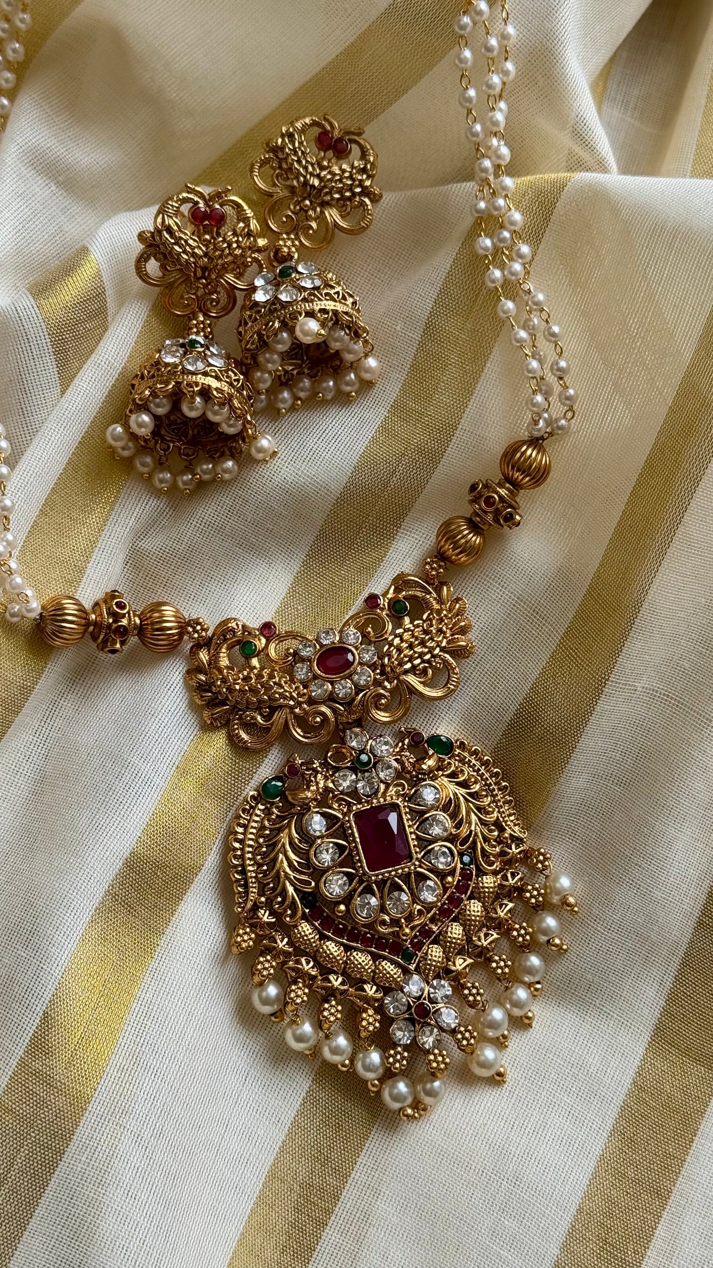 Red green stone big pendant, pearl beaded long neckpiece - YCAGC21