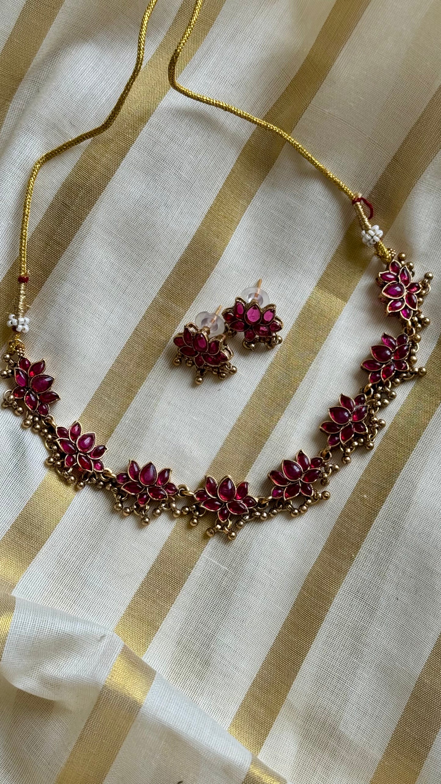 Dark pink lotus pendants with antique gold bead drops, necklace- YCAGC128