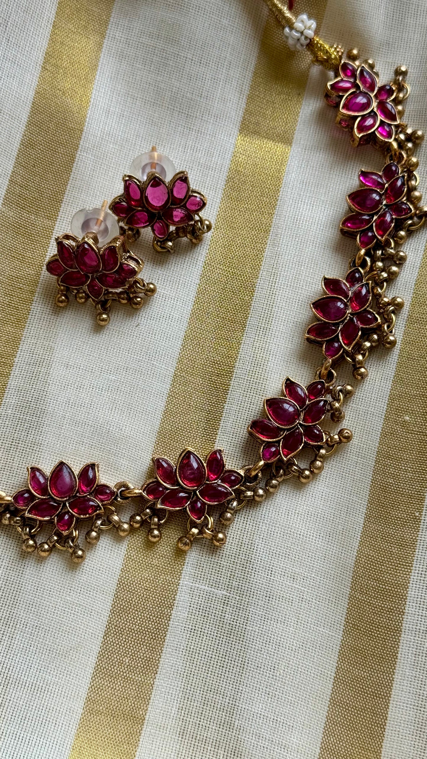 Dark pink lotus pendants with antique gold bead drops, necklace- YCAGC128