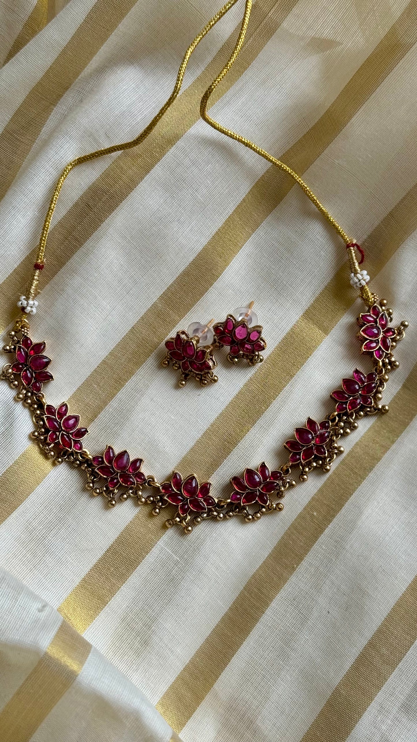 Dark pink lotus pendants with antique gold bead drops, necklace- YCAGC128