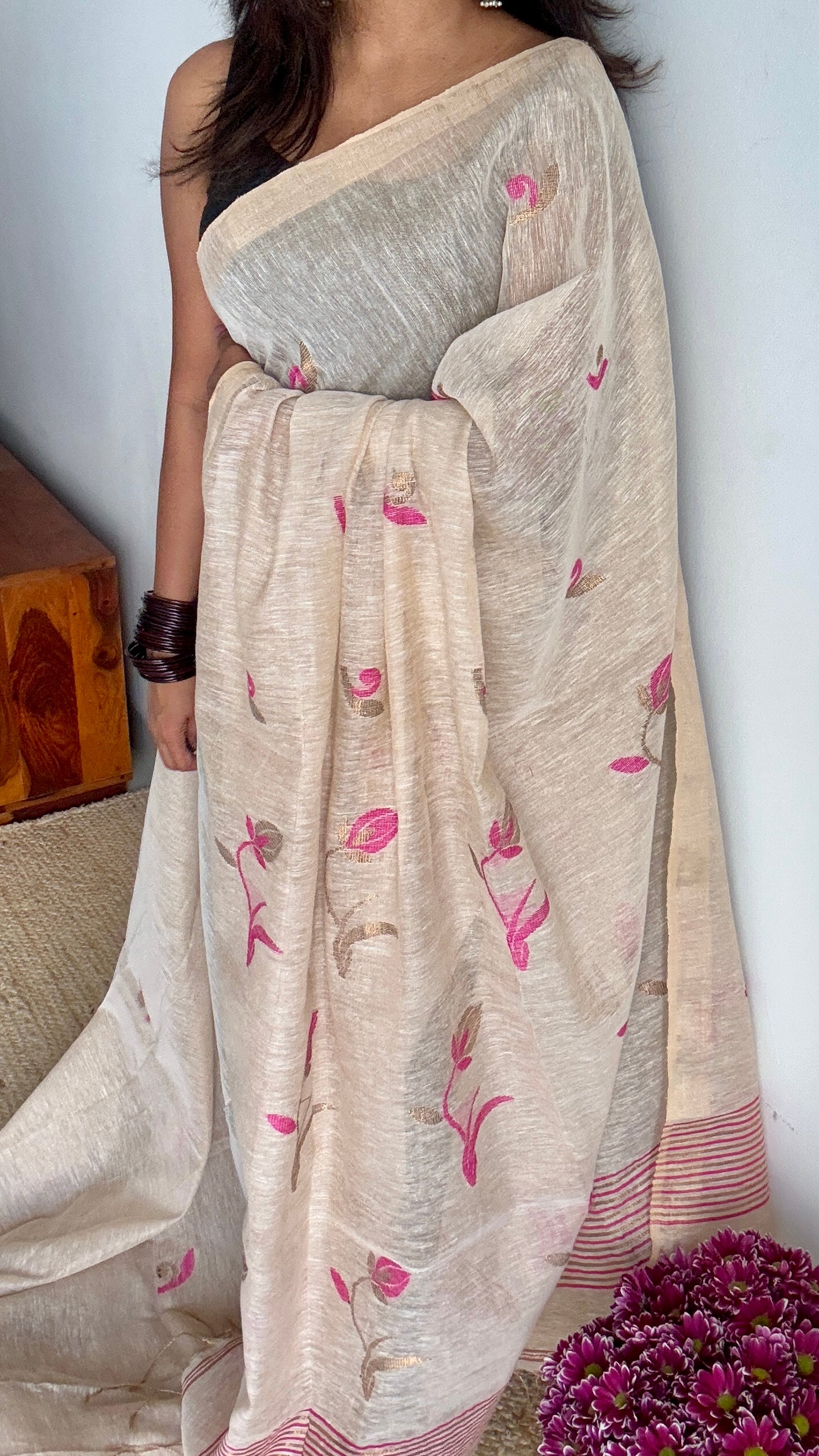 Rosebuds in Ivory - Pure Linen, Handwoven