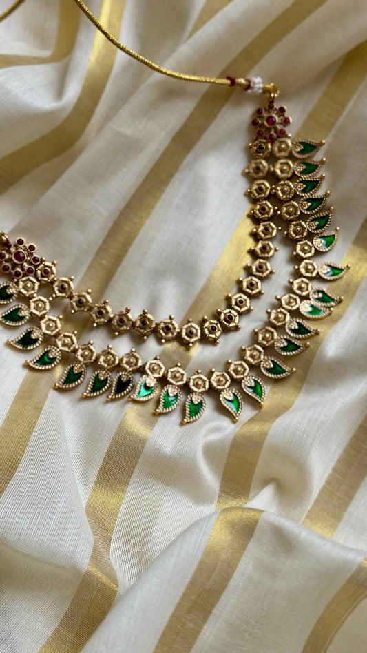 Green palakka double layered necklace in antique gold - YCAGC41