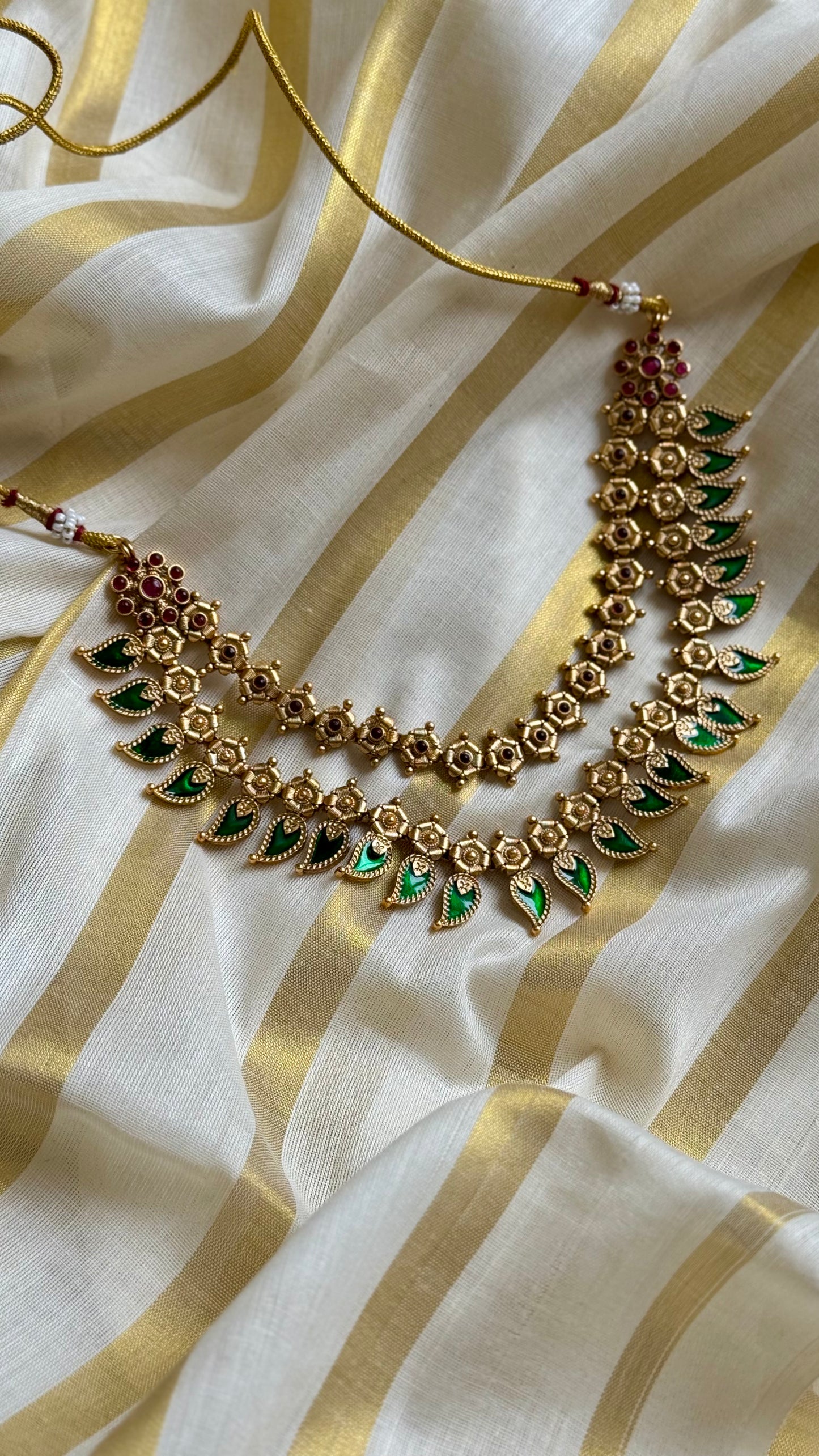 Green palakka double layered necklace in antique gold - YCAGC41