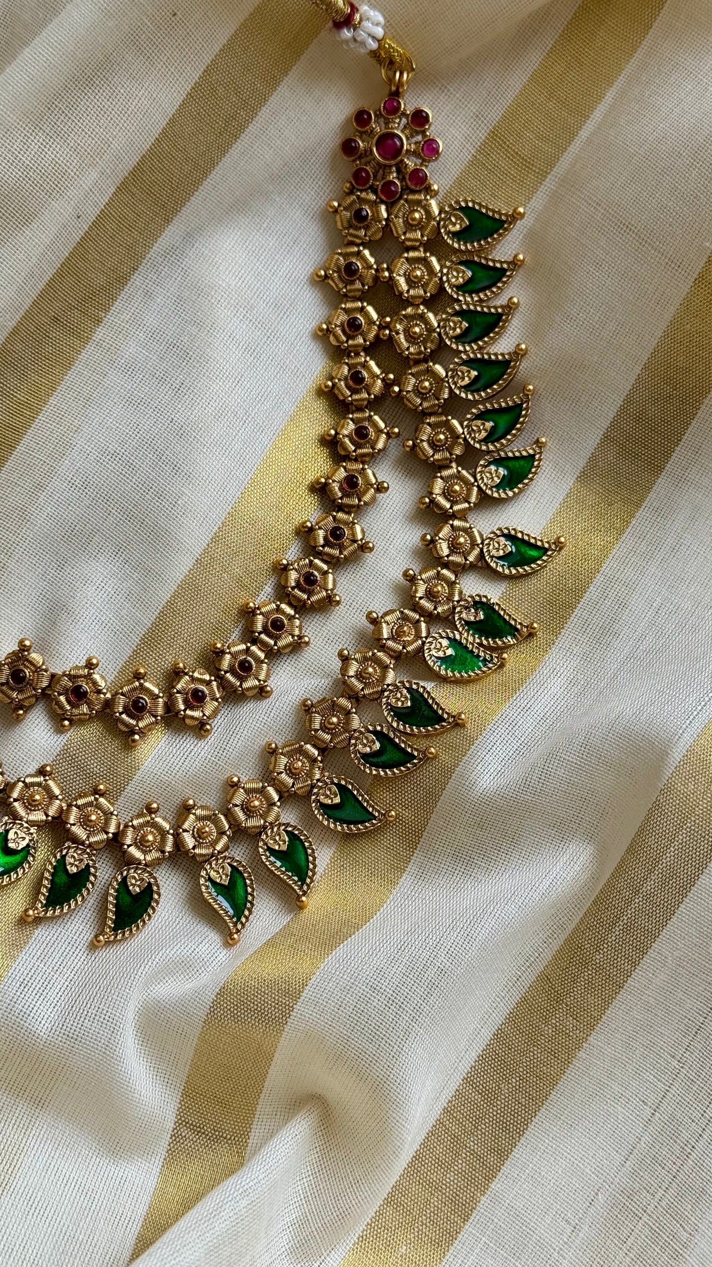 Green palakka double layered necklace in antique gold - YCAGC41
