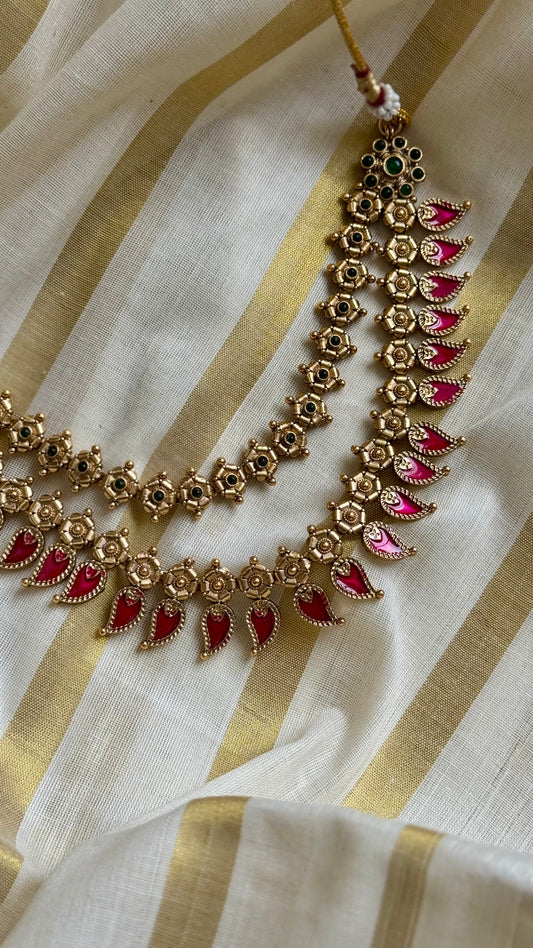 Red palakka double layered necklace in antique gold - YCAGC43