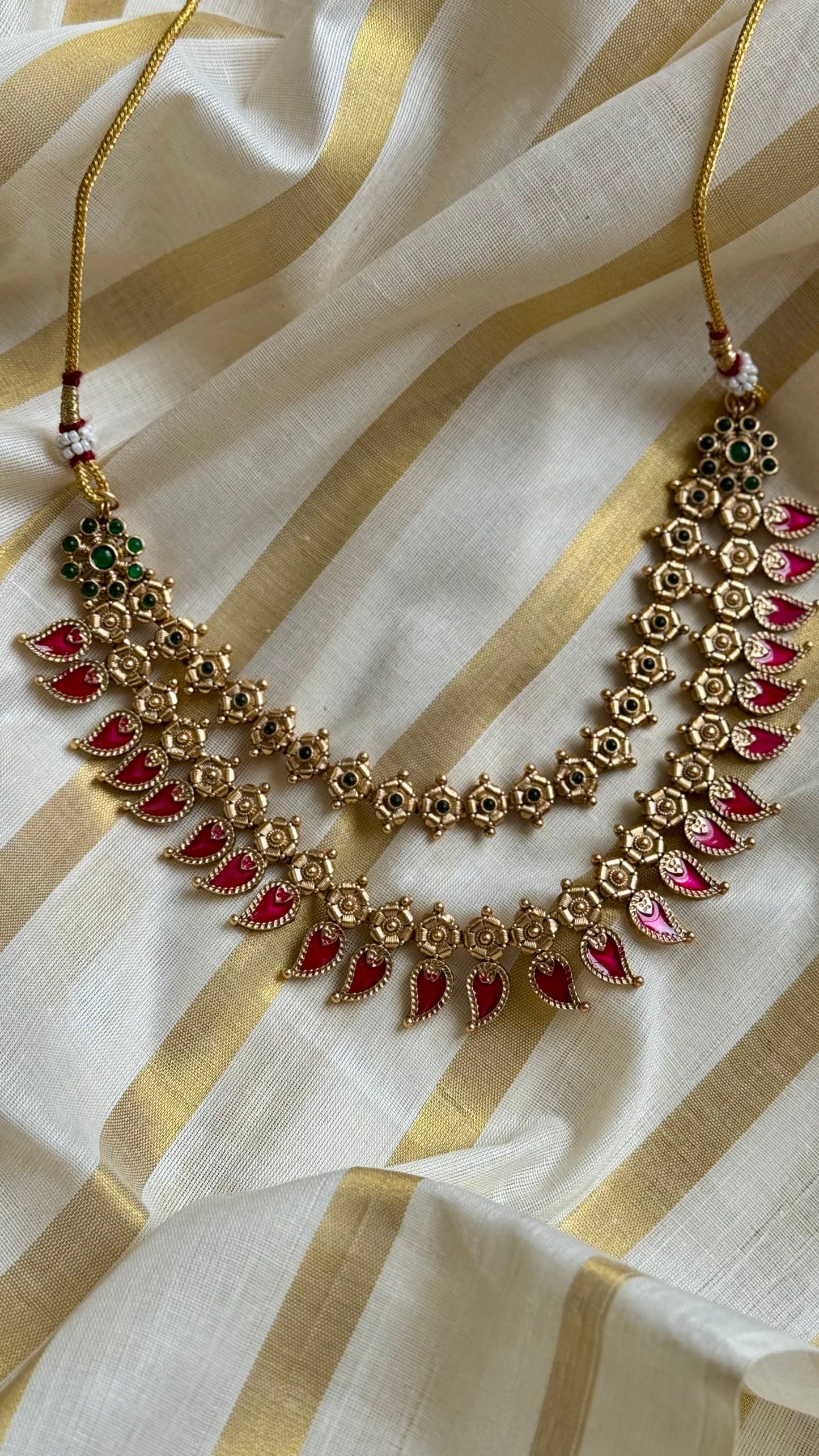 Red palakka double layered necklace in antique gold - YCAGC43