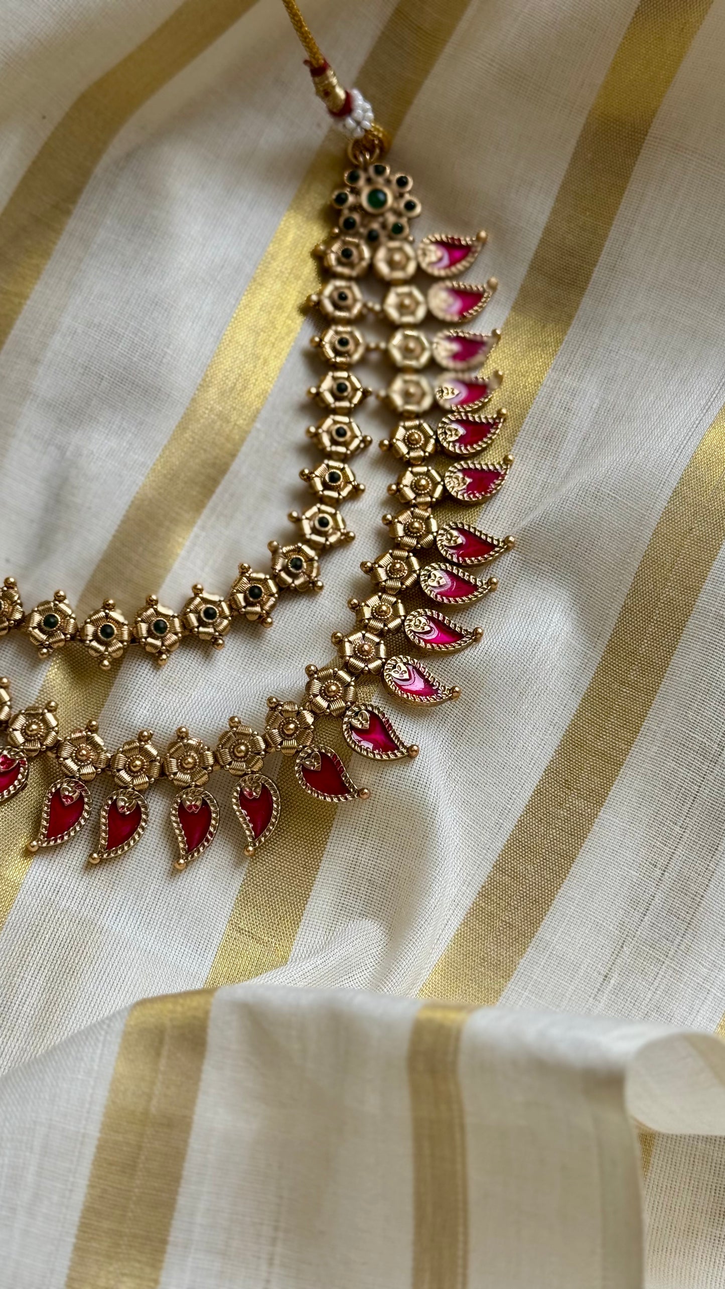 Red palakka double layered necklace in antique gold - YCAGC43
