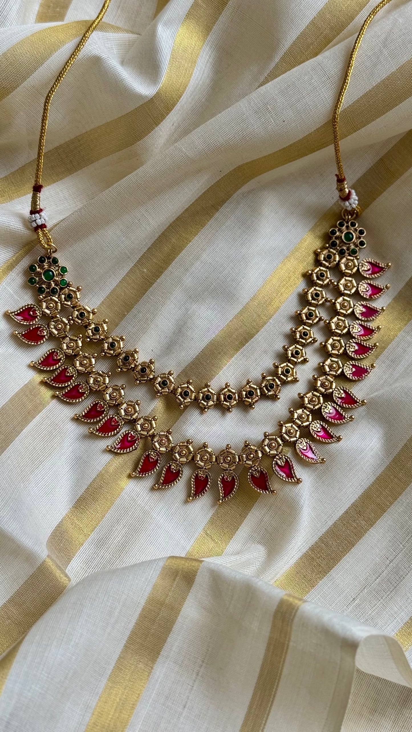 Red palakka double layered necklace in antique gold - YCAGC43