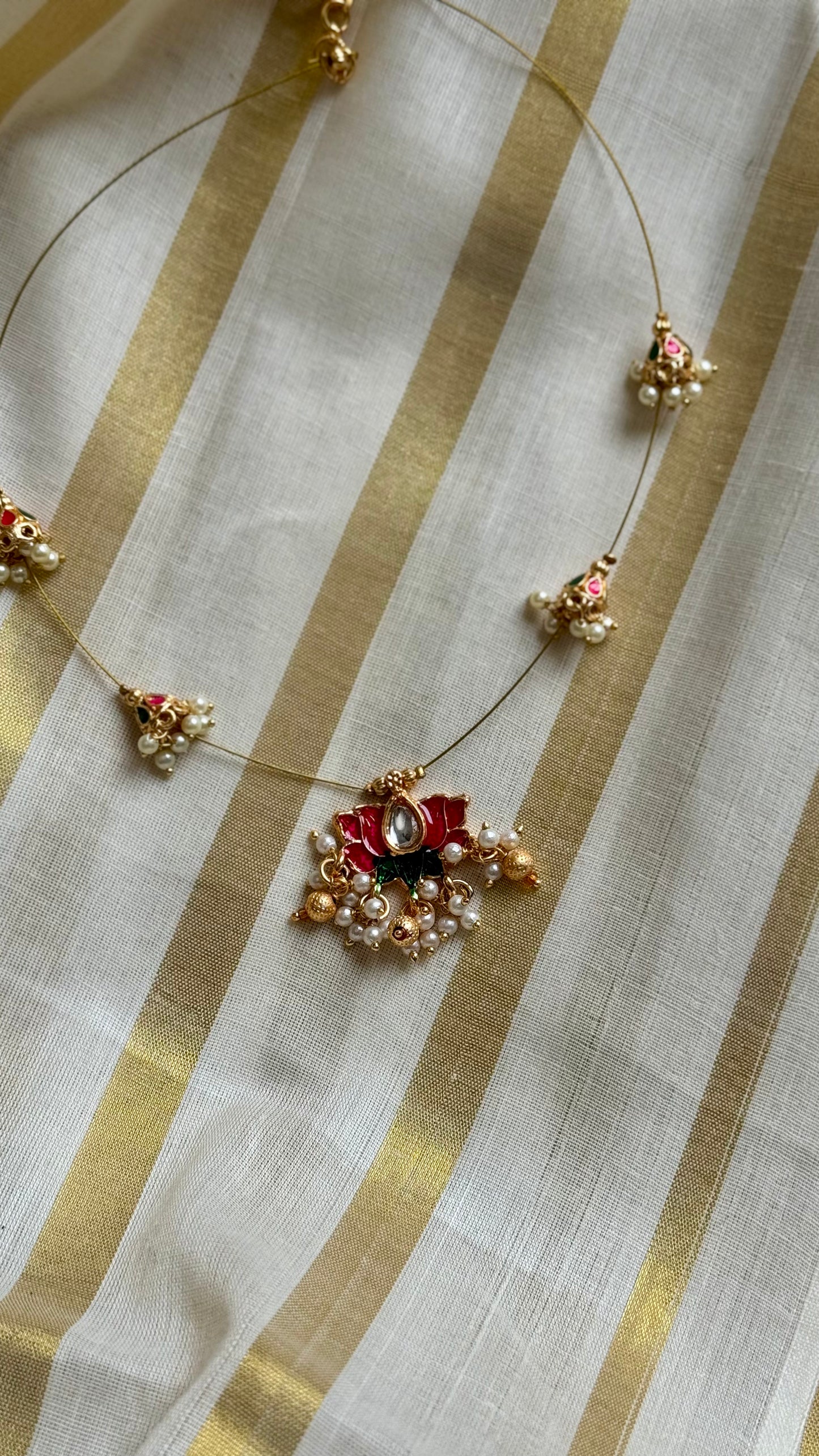 Pink lotus, jadau kundan necklace in invisible chain - YCAGC59