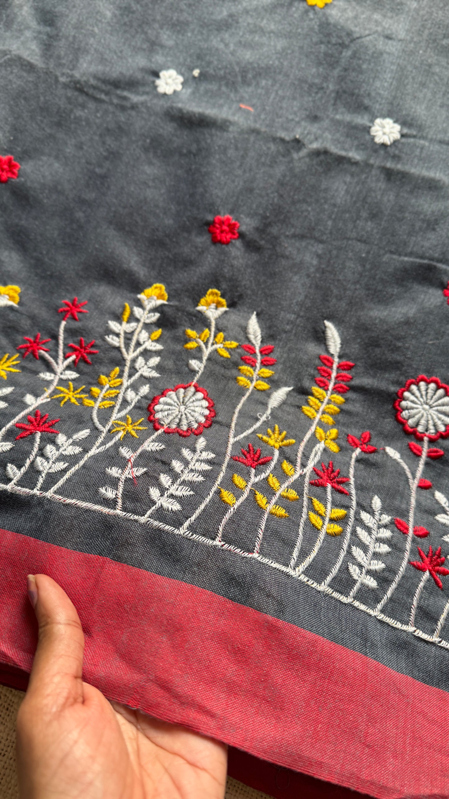 Dark grey floral embroidery - Khadi Soft Cotton YCBCKFB03