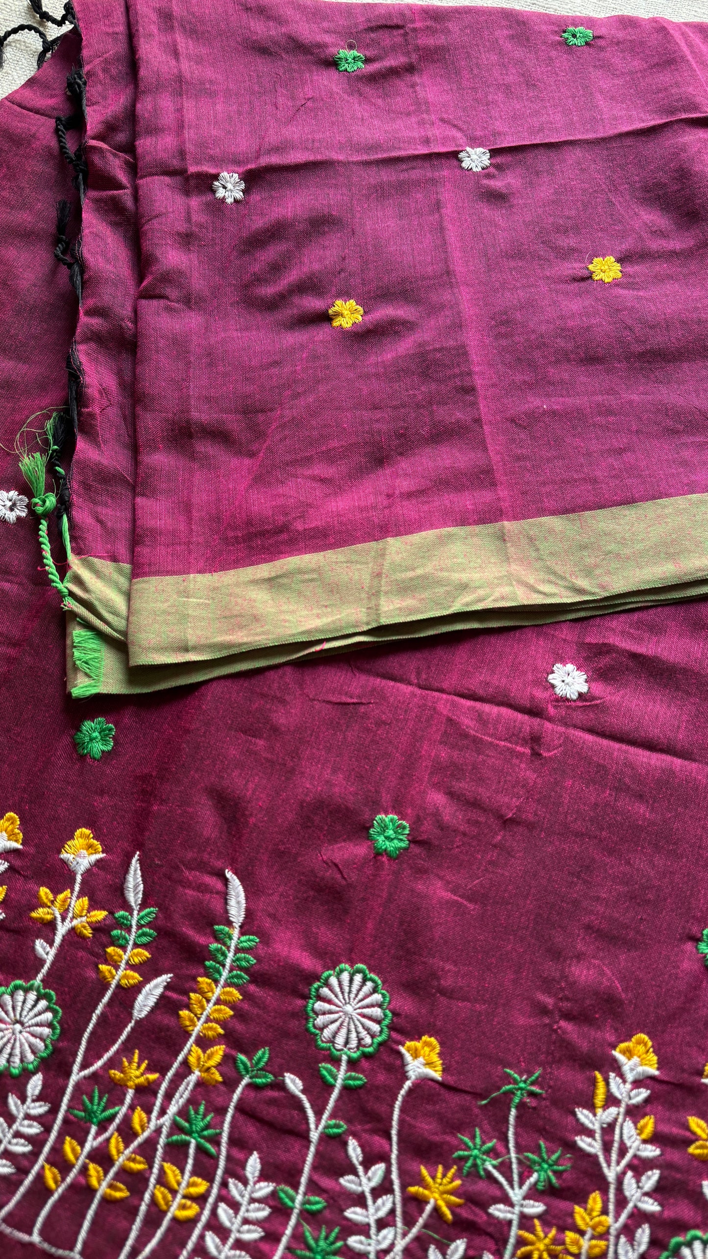 Grape with green floral embroidery - Khadi Soft Cotton