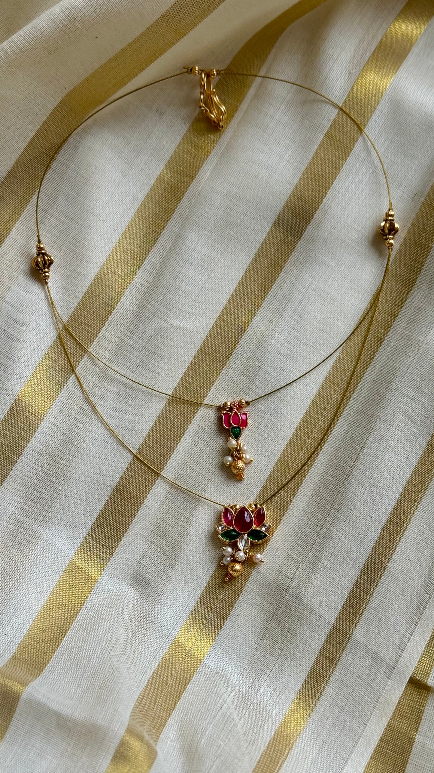 Pink lotus, jadau kundan necklace in double layer invisible chain - YCAGC64