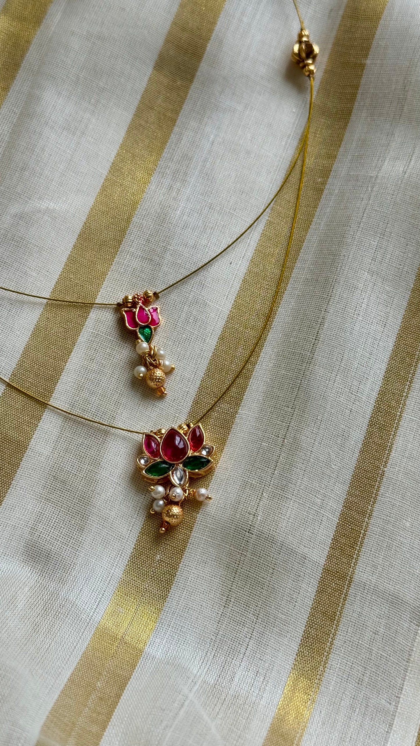 Pink lotus, jadau kundan necklace in double layer invisible chain - YCAGC64