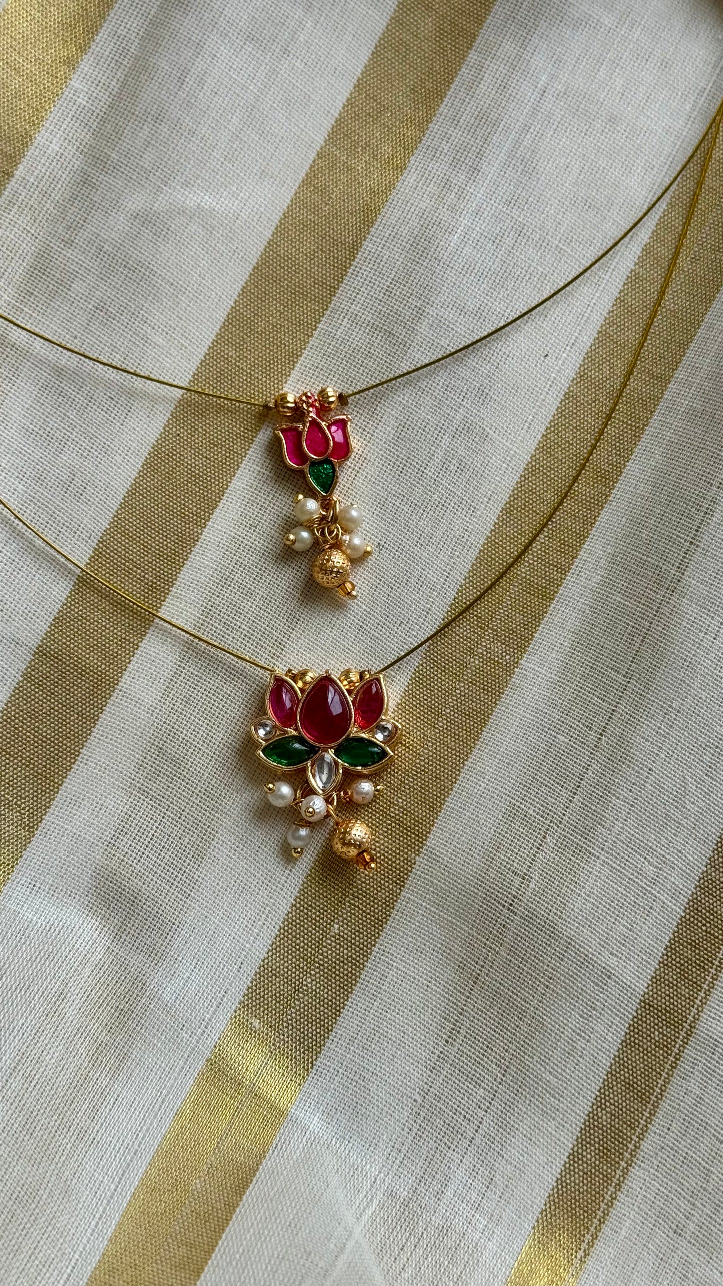 Pink lotus, jadau kundan necklace in double layer invisible chain - YCAGC64