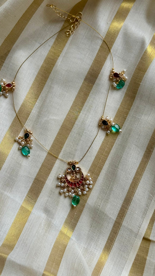 Half moon shaped jadau kundan pendant, invisible chain neckpiece - YCAGC67