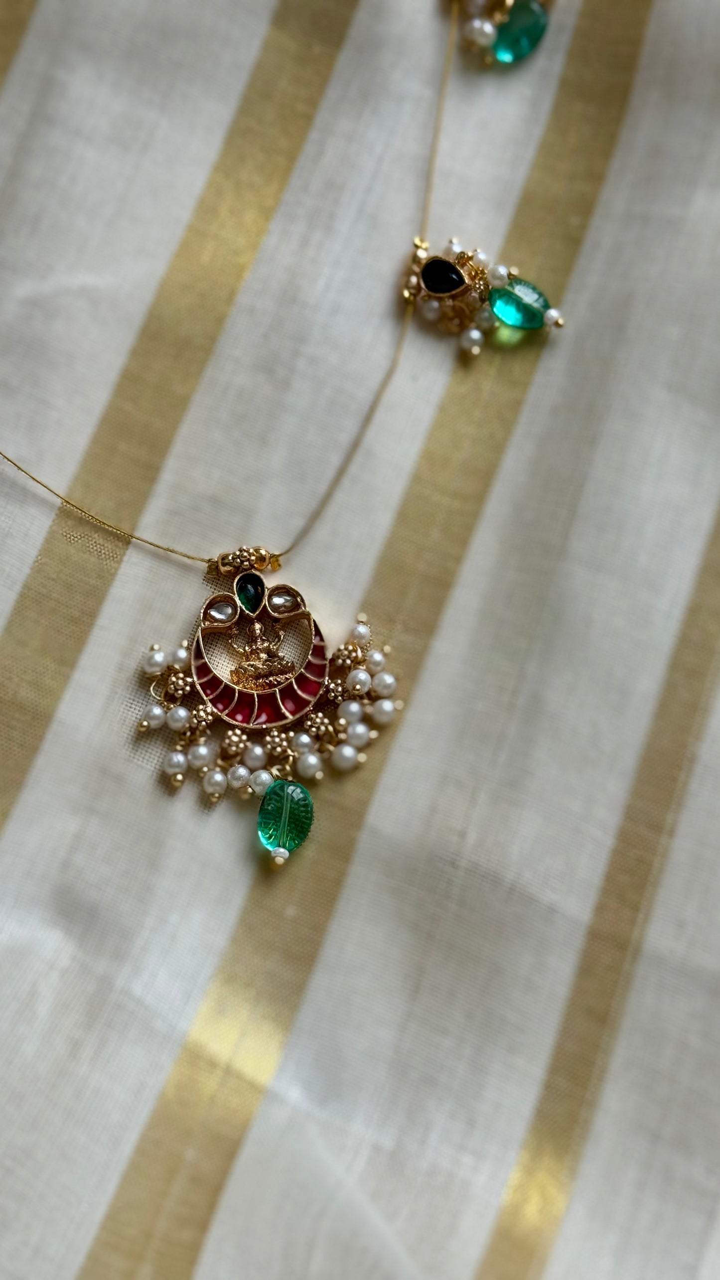 Half moon shaped jadau kundan pendant, invisible chain neckpiece - YCAGC67