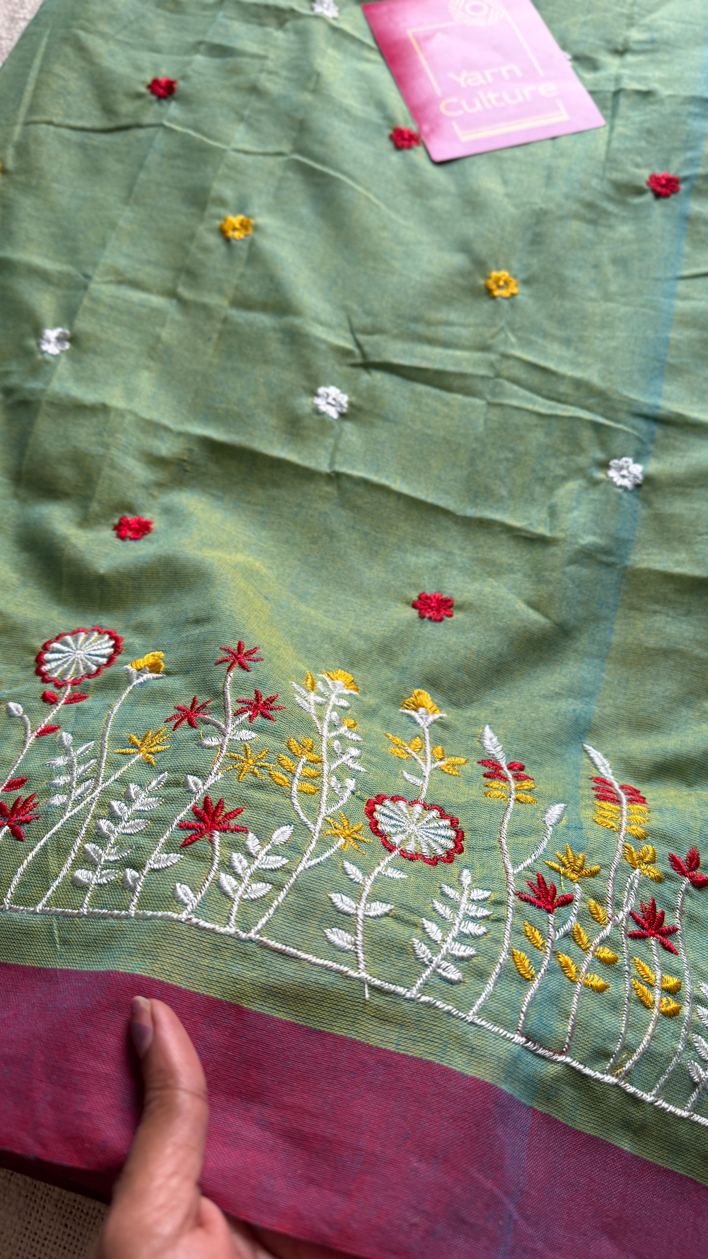 Green with wine floral embroidery - Khadi Soft Cotton YCBCKFB02