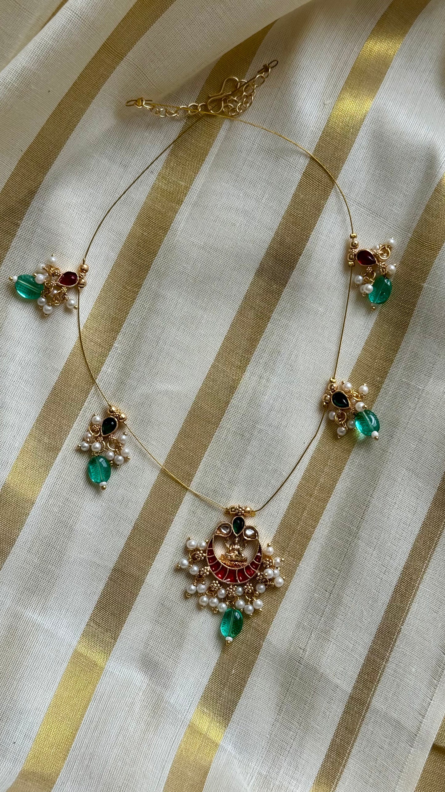 Half moon shaped jadau kundan pendant, invisible chain neckpiece - YCAGC67
