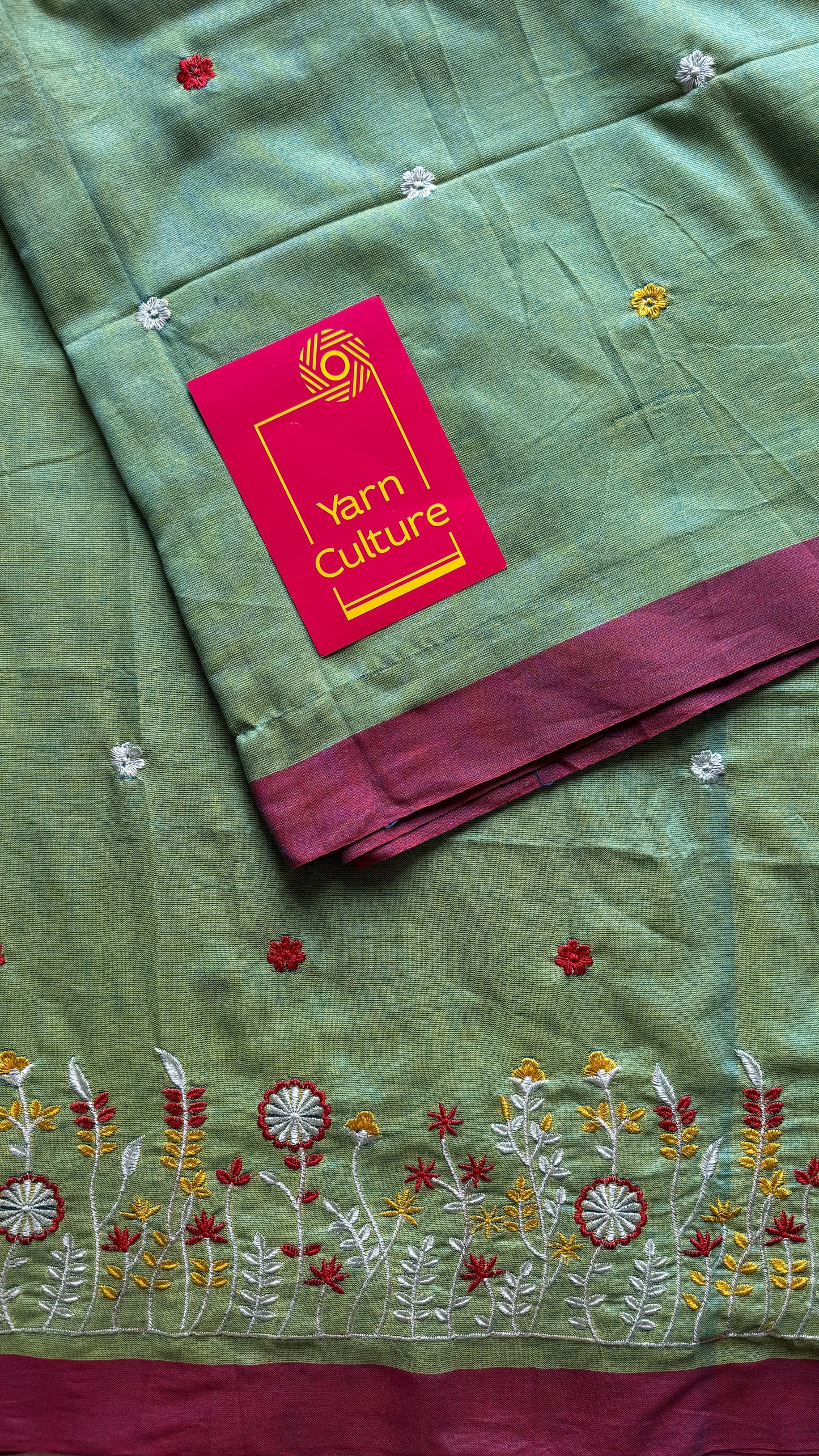 Green with wine floral embroidery - Khadi Soft Cotton YCBCKFB02