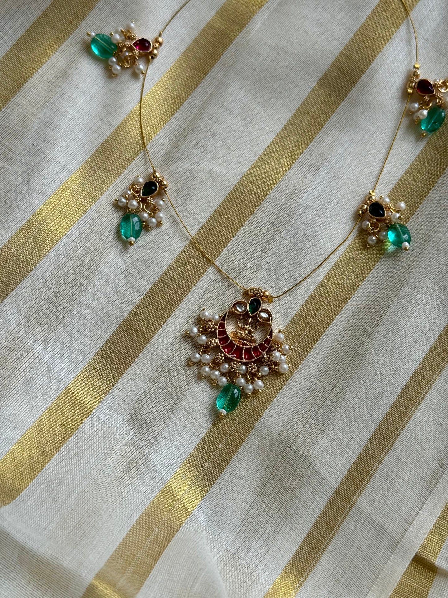 Half moon shaped jadau kundan pendant, invisible chain neckpiece - YCAGC67