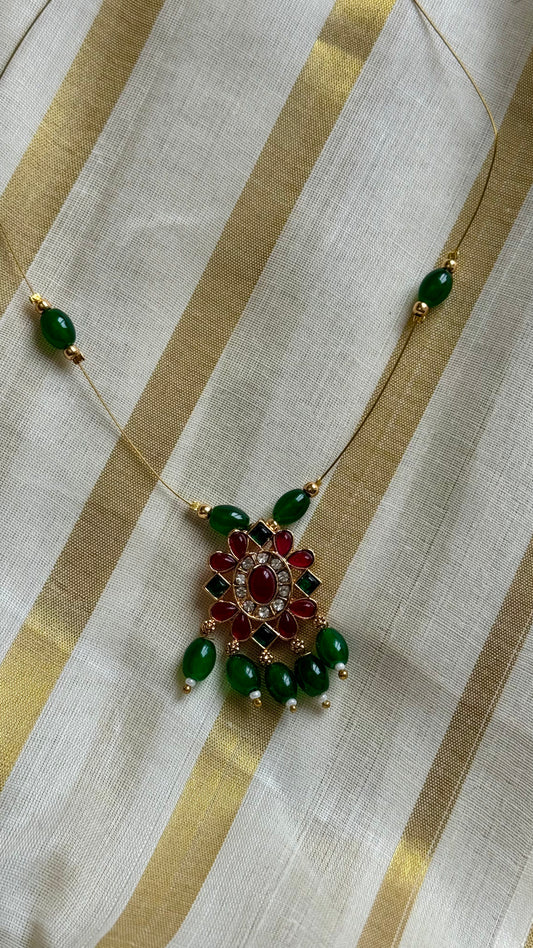 Dark green beads, red and white stone pendant, invisible chain neckpiece - YCAGC71