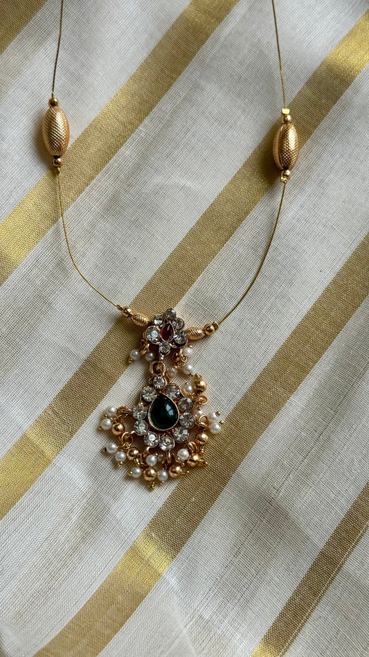 Red and white stone pendant with pearl drops, invisible chain neckpiece - YCAGC73