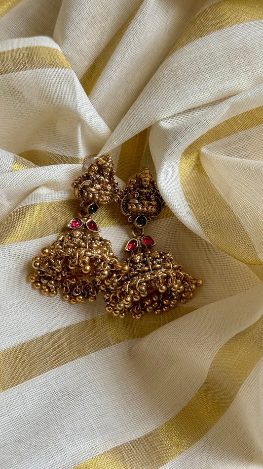 Jhumka with red green stone, antique gold - YCAGJK85