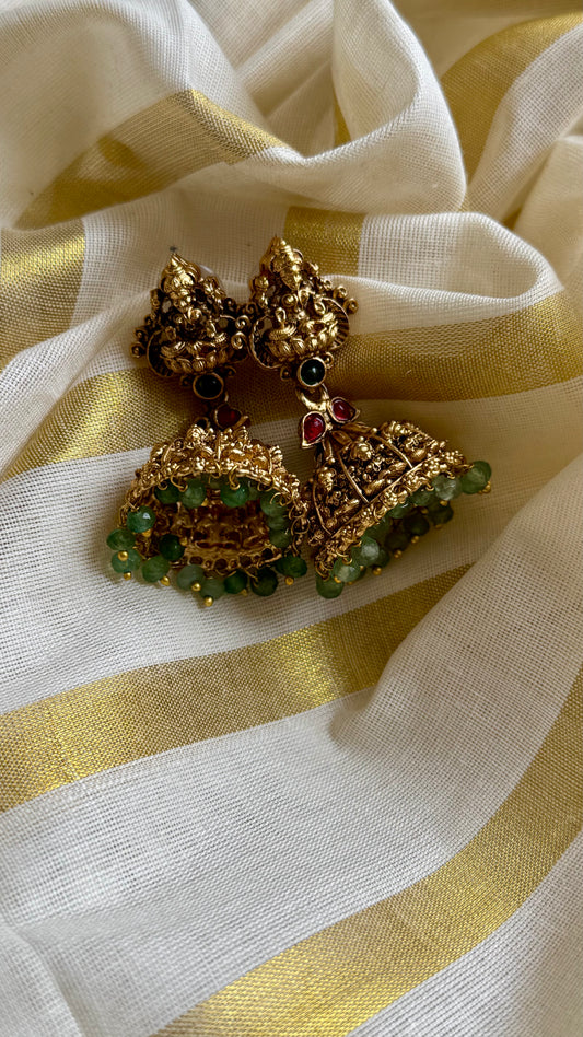 Jhumka with mint beads and red stone, antique gold - YCAGJK83