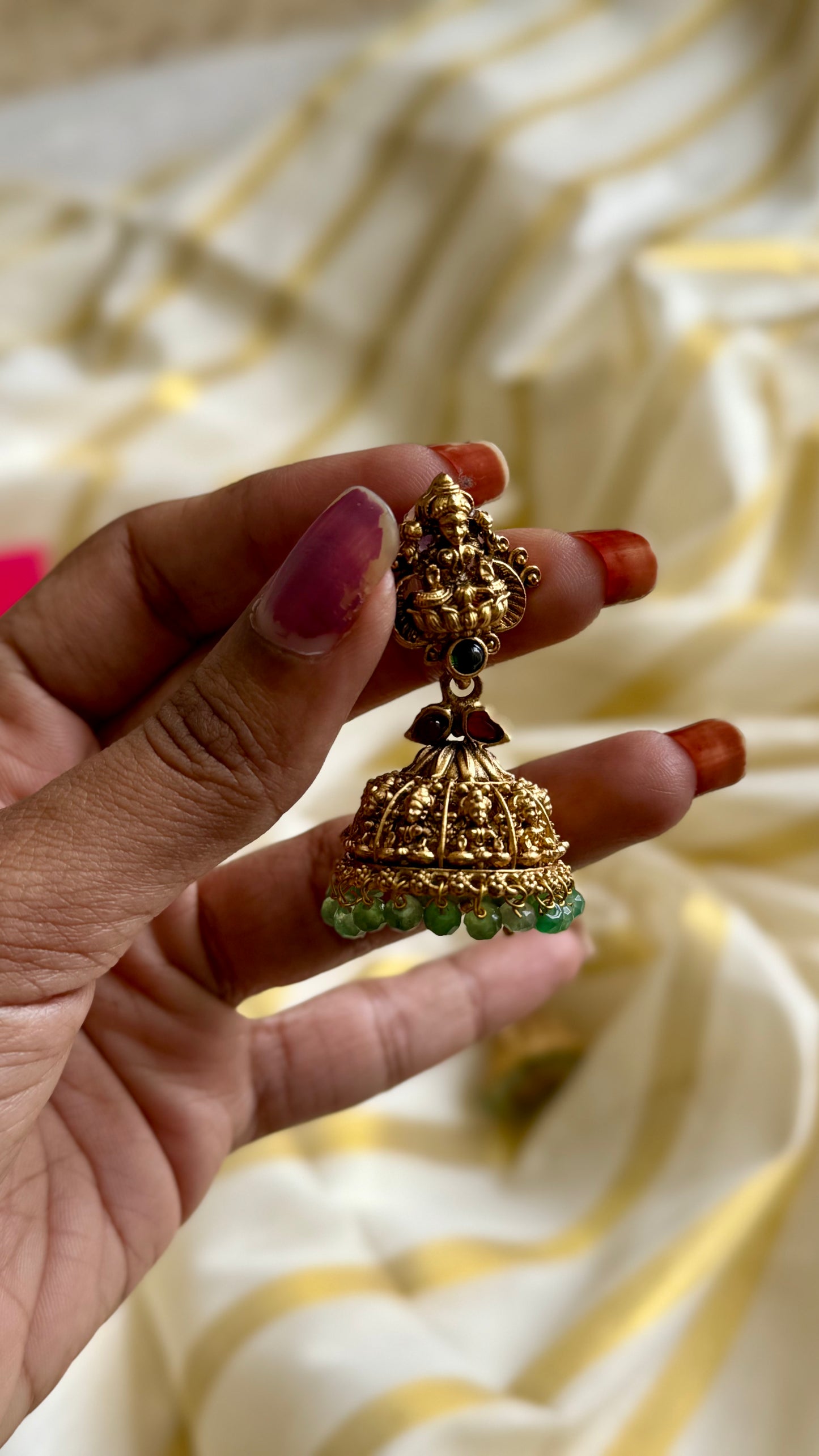 Jhumka with mint beads and red stone, antique gold - YCAGJK83