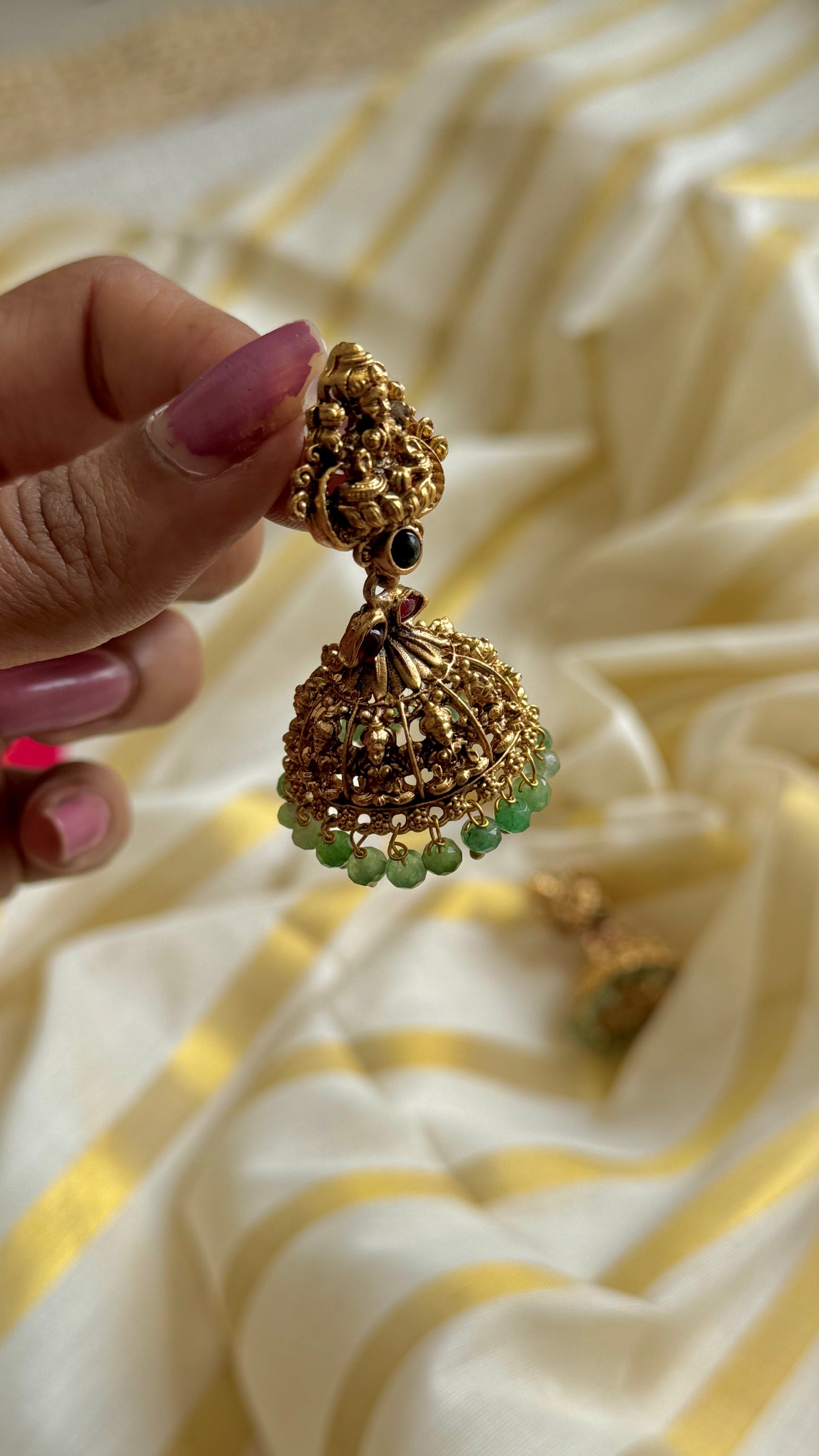 Jhumka with mint beads and red stone, antique gold - YCAGJK83
