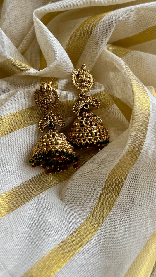 Jhumka with green and dark pink bead drops, gold finishing - YCAGJK87