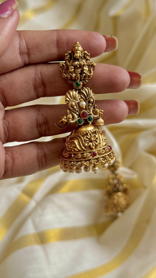 Jhumka with green stone and pearl drops, antique gold - YCAGJK88