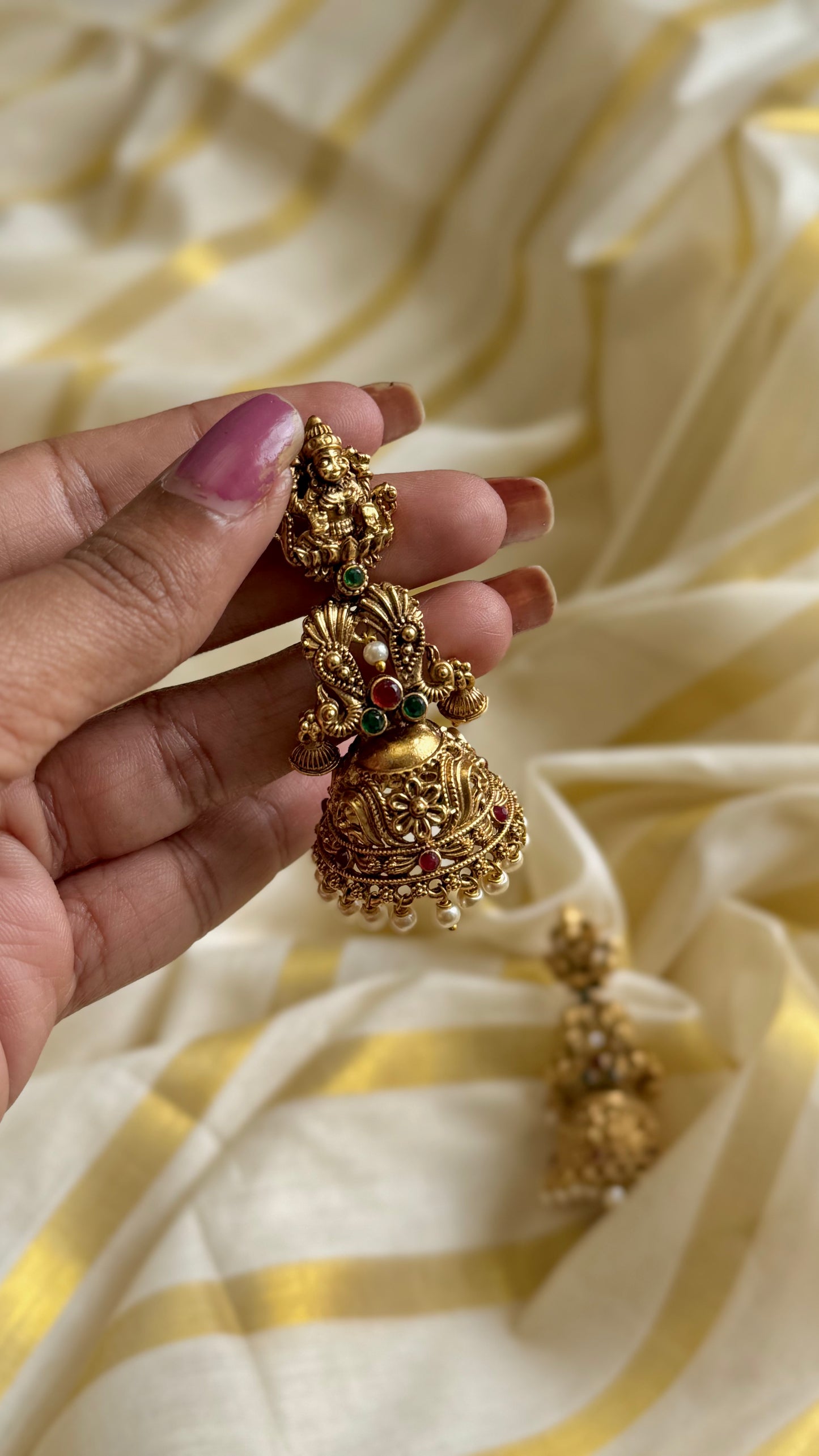 Jhumka with green stone and pearl drops, antique gold - YCAGJK88