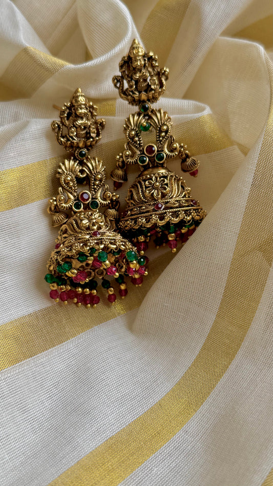 Jhumka with dark pink and green drops, antique gold - YCAGJK89