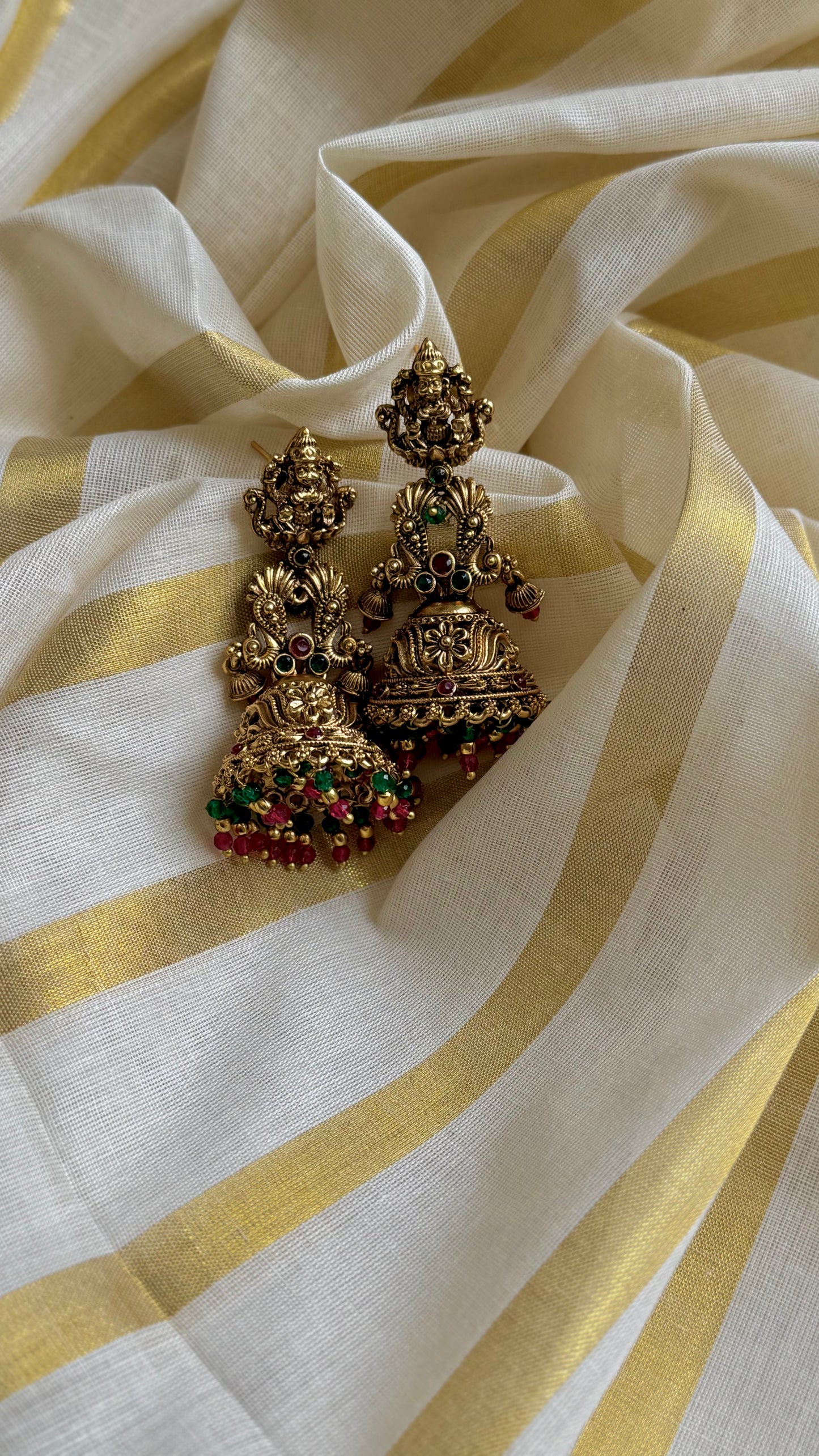 Jhumka with dark pink and green drops, antique gold - YCAGJK89