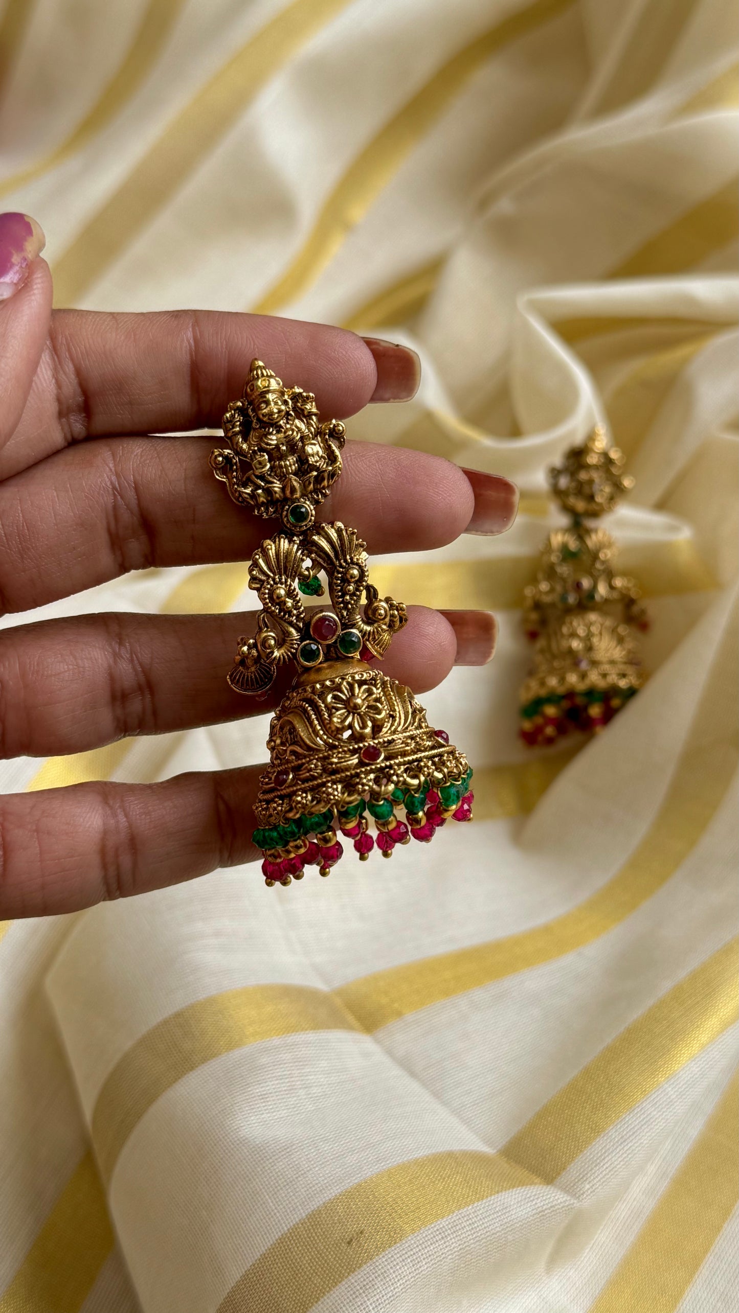 Jhumka with dark pink and green drops, antique gold - YCAGJK89