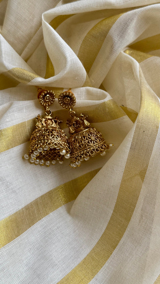 Floral top jhumka with pearl drops, antique gold - YCAGJK91