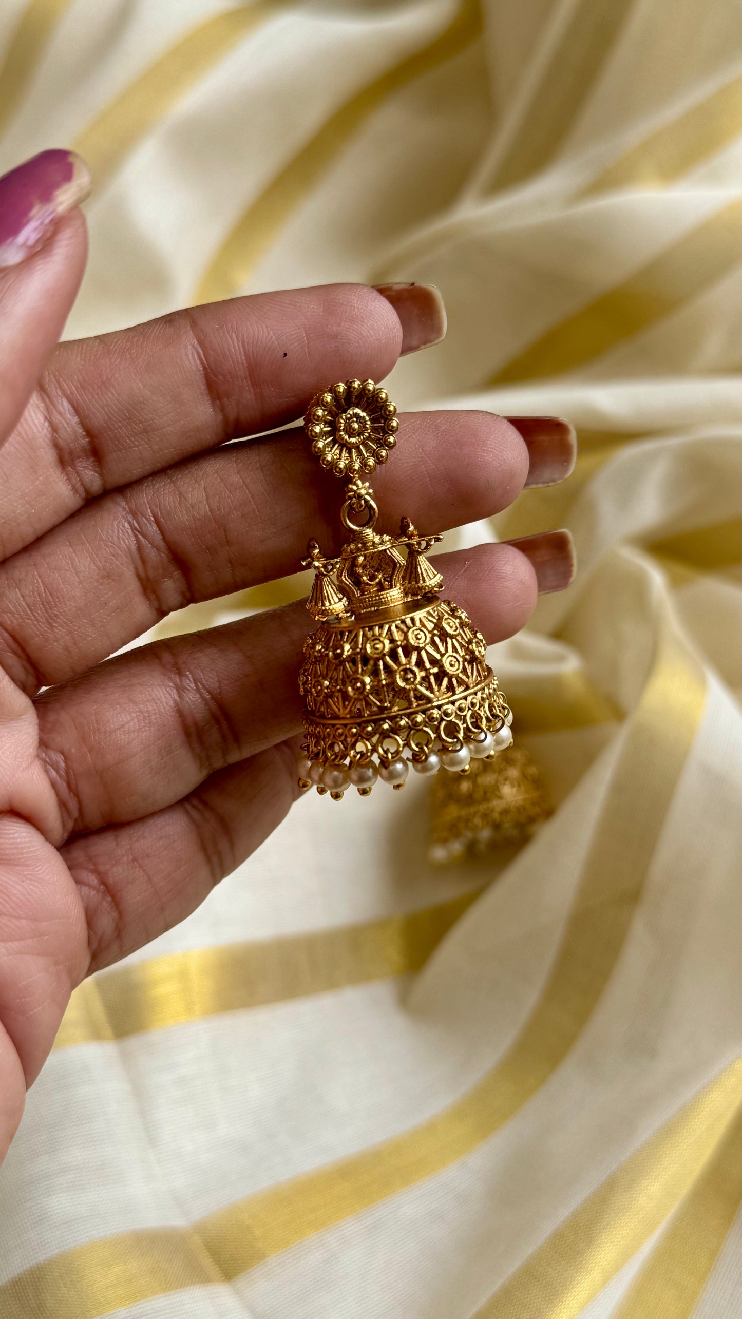 Floral top jhumka with pearl drops, antique gold - YCAGJK91