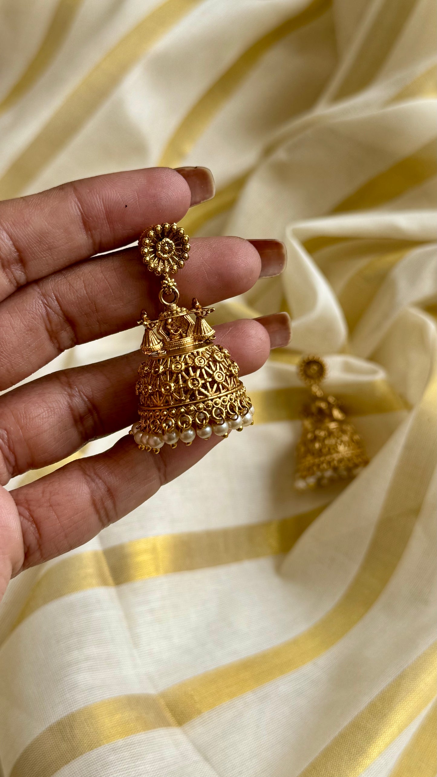 Floral top jhumka with pearl drops, antique gold - YCAGJK91