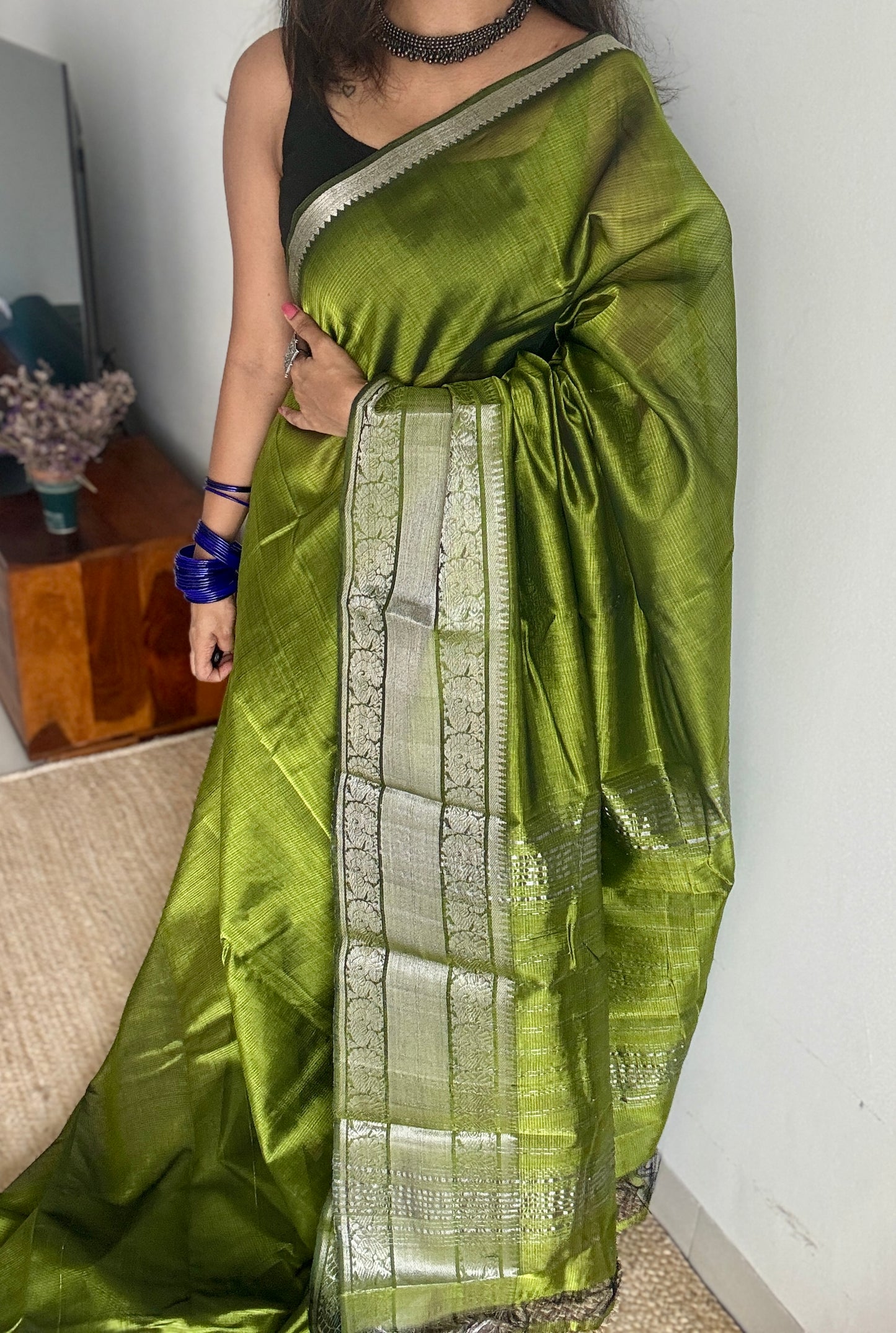 Olive green with silver peacock woven zari border, mangalgiri silk cotton, handwoven, soft, light weight- YCWOTDMSCM04