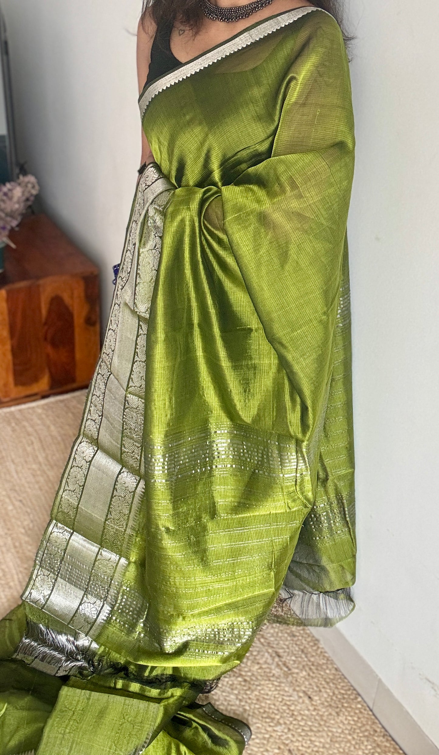 Olive green with silver peacock woven zari border, mangalgiri silk cotton, handwoven, soft, light weight- YCWOTDMSCM04