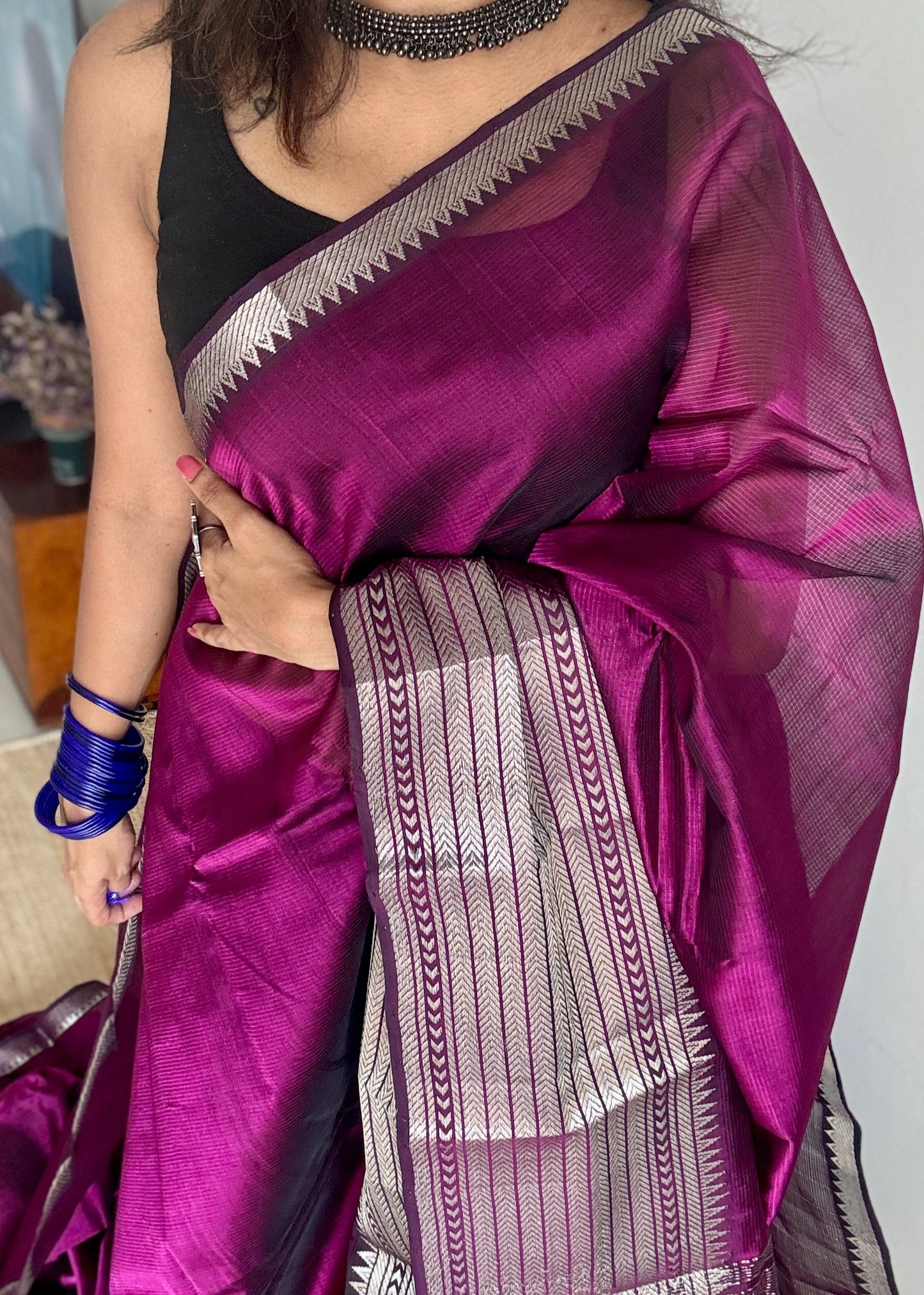 Purple pink (vadamalli) with silver woven zari border, mangalgiri silk cotton, handwoven, soft, light weight- YCWOTDMSCM07