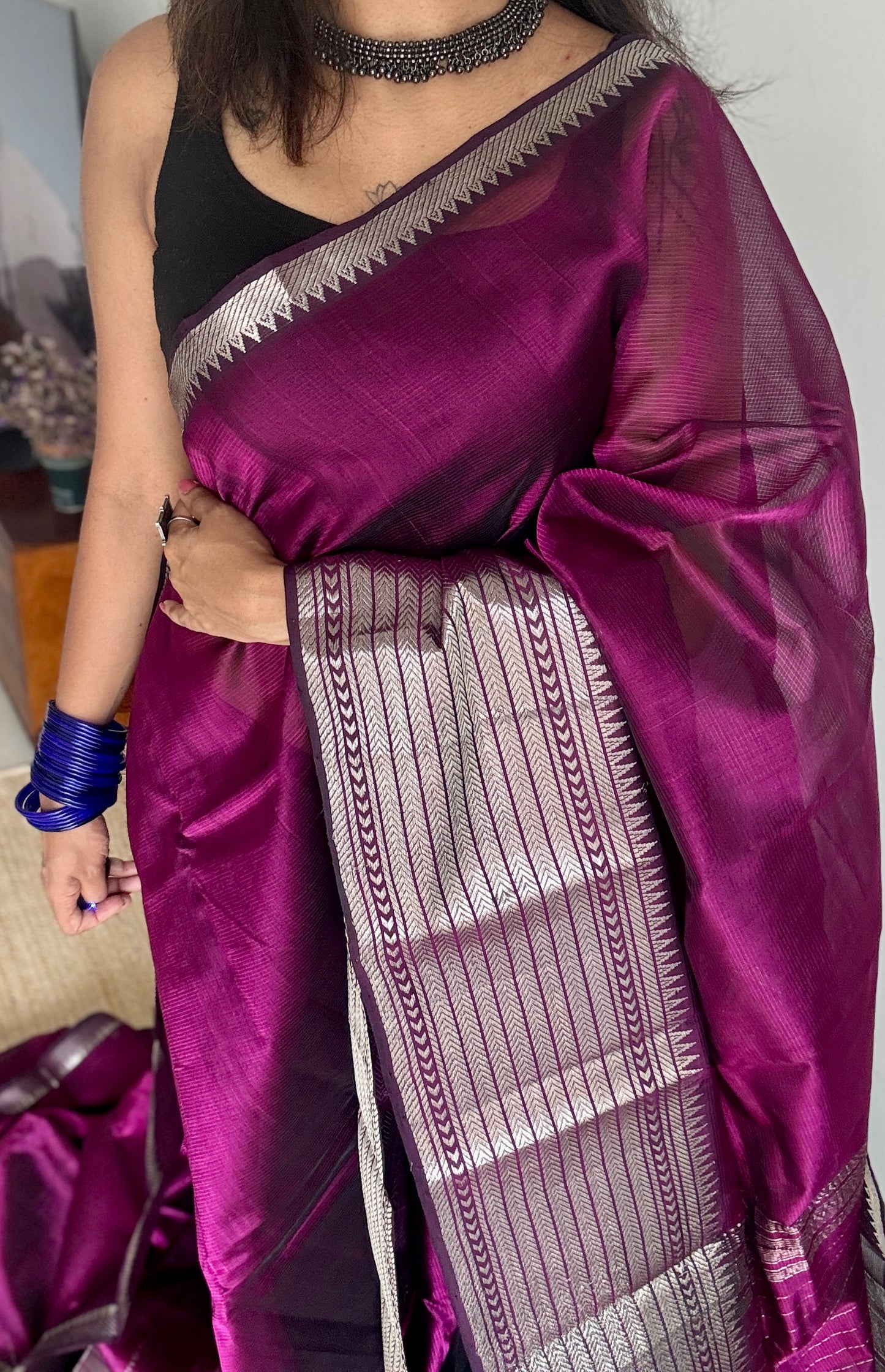 Purple pink (vadamalli) with silver woven zari border, mangalgiri silk cotton, handwoven, soft, light weight- YCWOTDMSCM07
