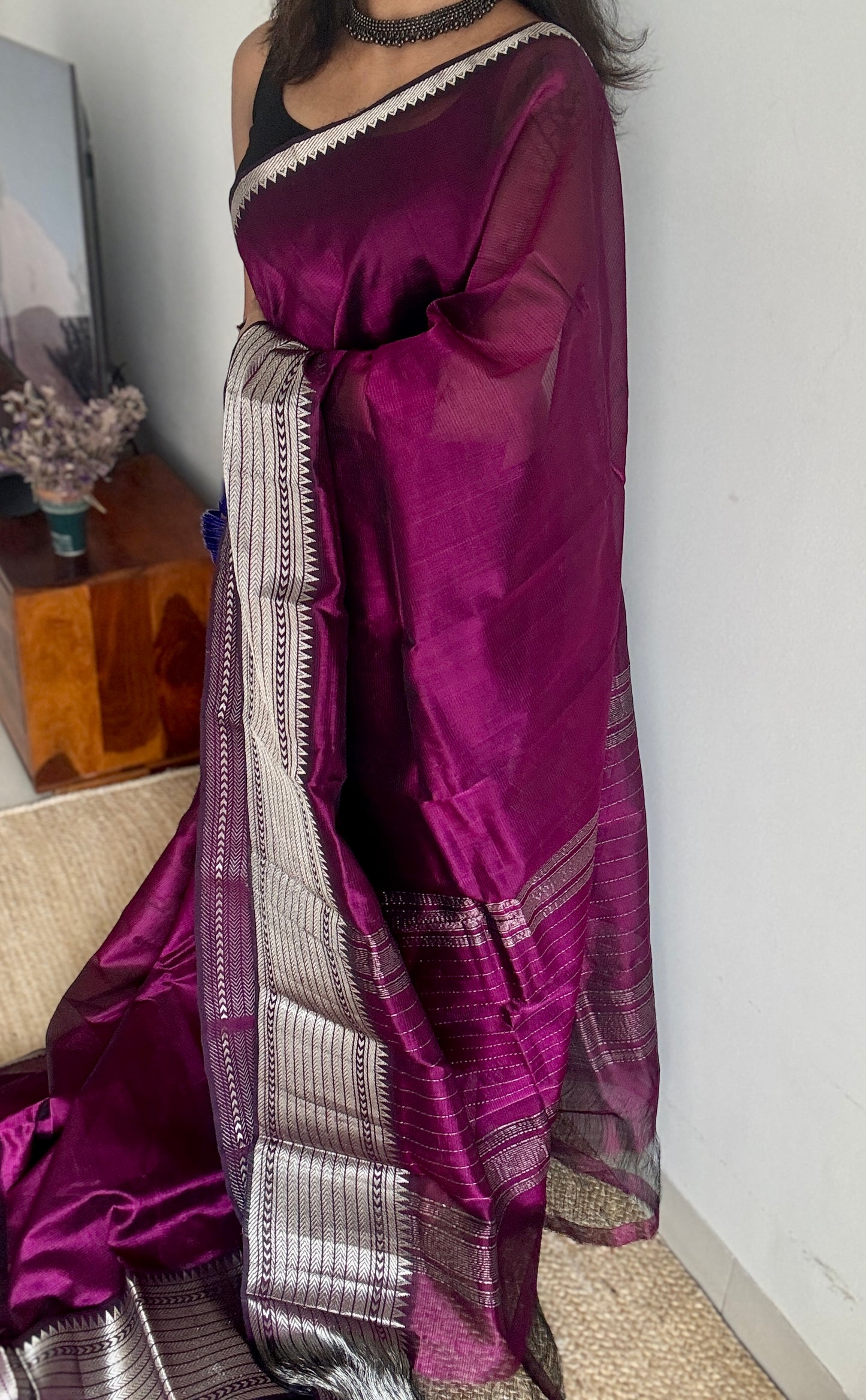 Purple pink (vadamalli) with silver woven zari border, mangalgiri silk cotton, handwoven, soft, light weight- YCWOTDMSCM07