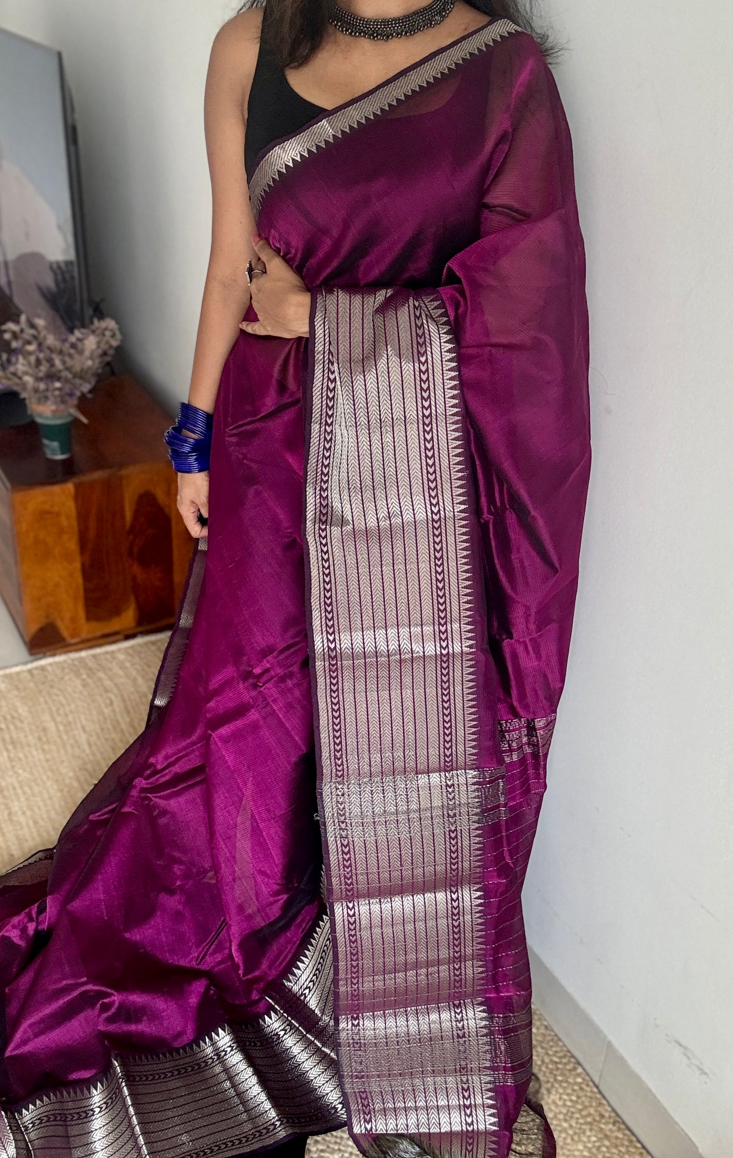Purple pink (vadamalli) with silver woven zari border, mangalgiri silk cotton, handwoven, soft, light weight- YCWOTDMSCM07