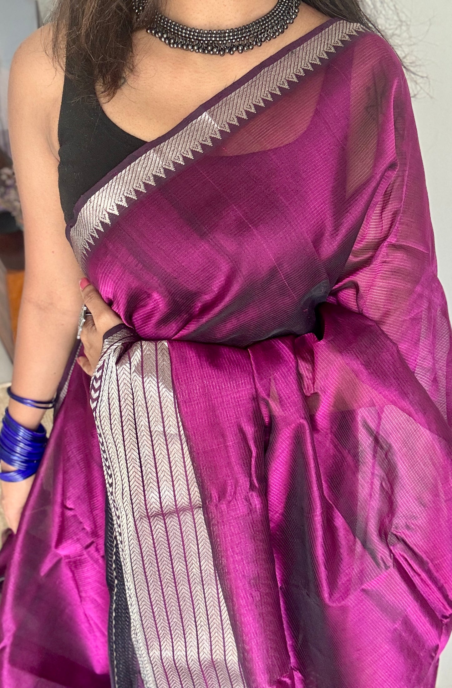 Purple pink (vadamalli) with silver woven zari border, mangalgiri silk cotton, handwoven, soft, light weight- YCWOTDMSCM07