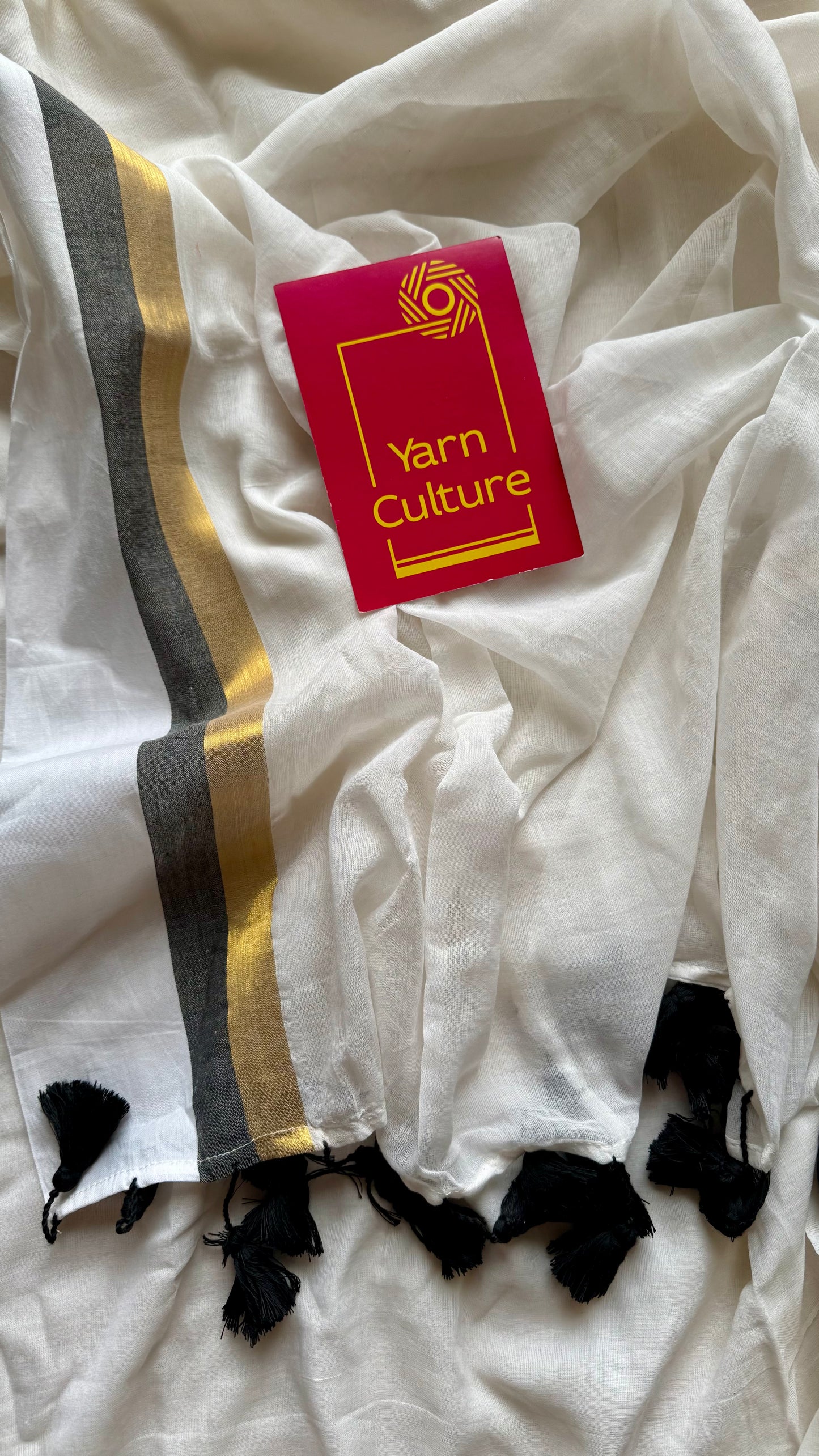 White with black and gold striped border, mul cotton - YCON25BCM40